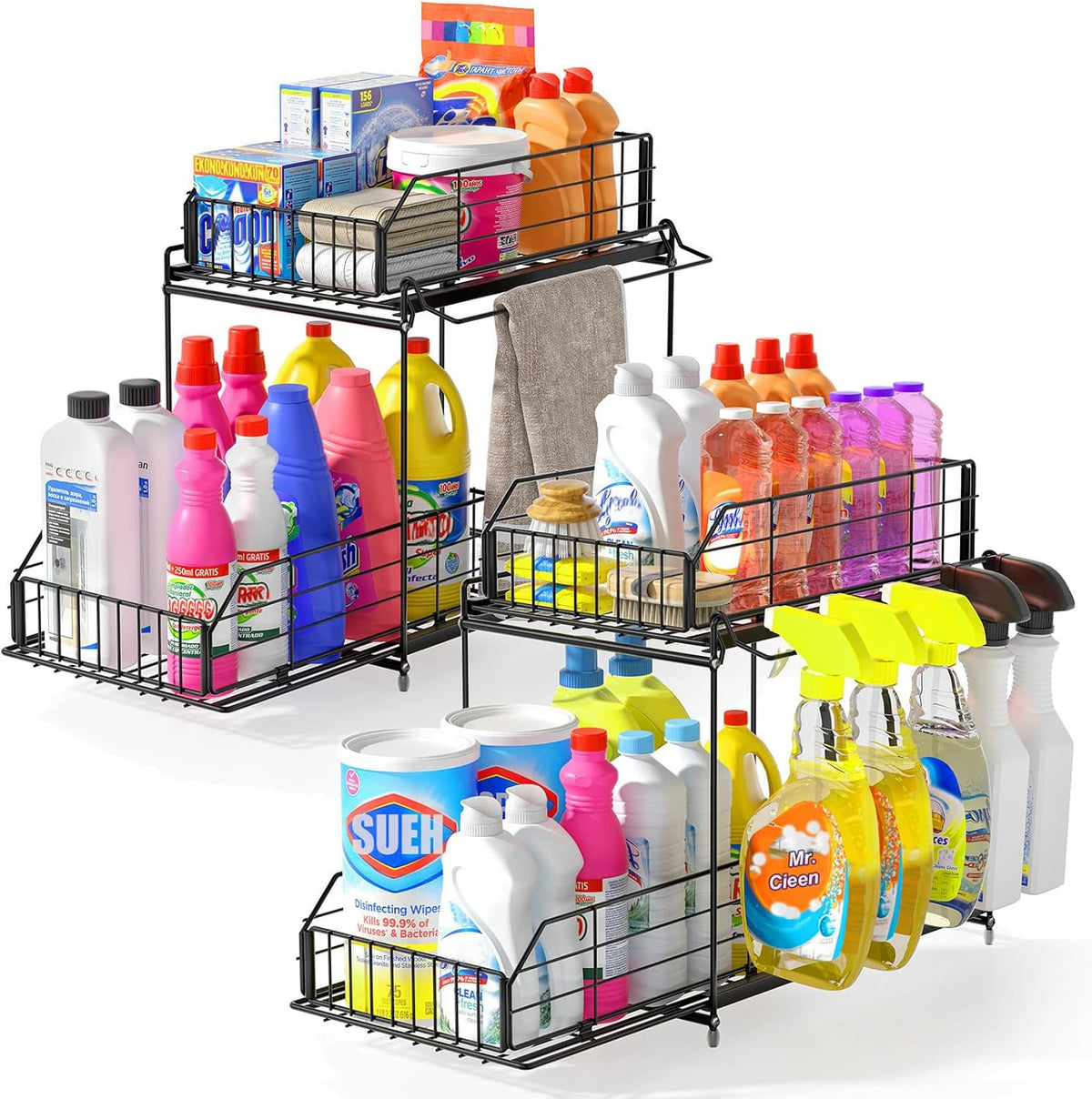 SUEH DESIGN Under Sink Organizers and Storage, 2 Tier Metal Under Sink Storage with Hanging Rail