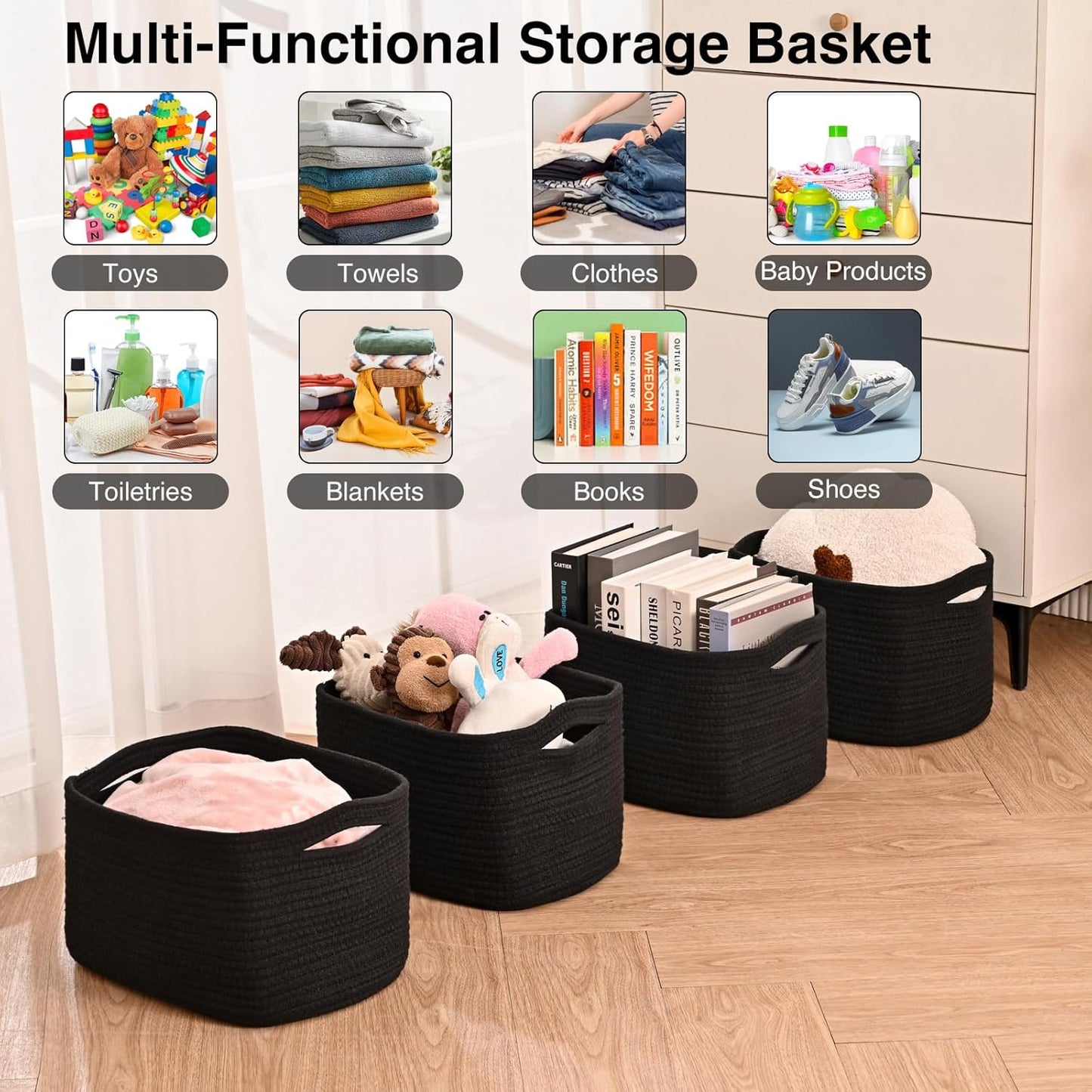 Black Storage Baskets for Shelves, Small Storage Baskets for Organizing, Woven Cotton Rope Baskets