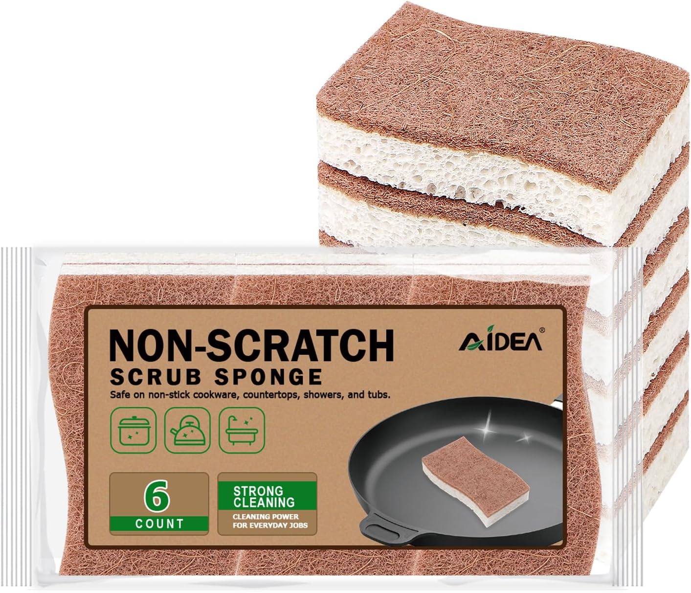 AIDEA Sponges Non Scratch, 6Count, Natural Sponge for Non Stick Cookware, Sponges Kitchen
