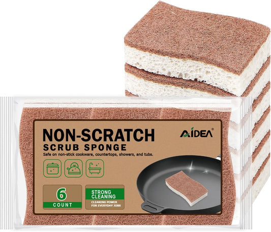 AIDEA Sponges Non Scratch, 6Count, Natural Sponge for Non Stick Cookware, Sponges Kitchen