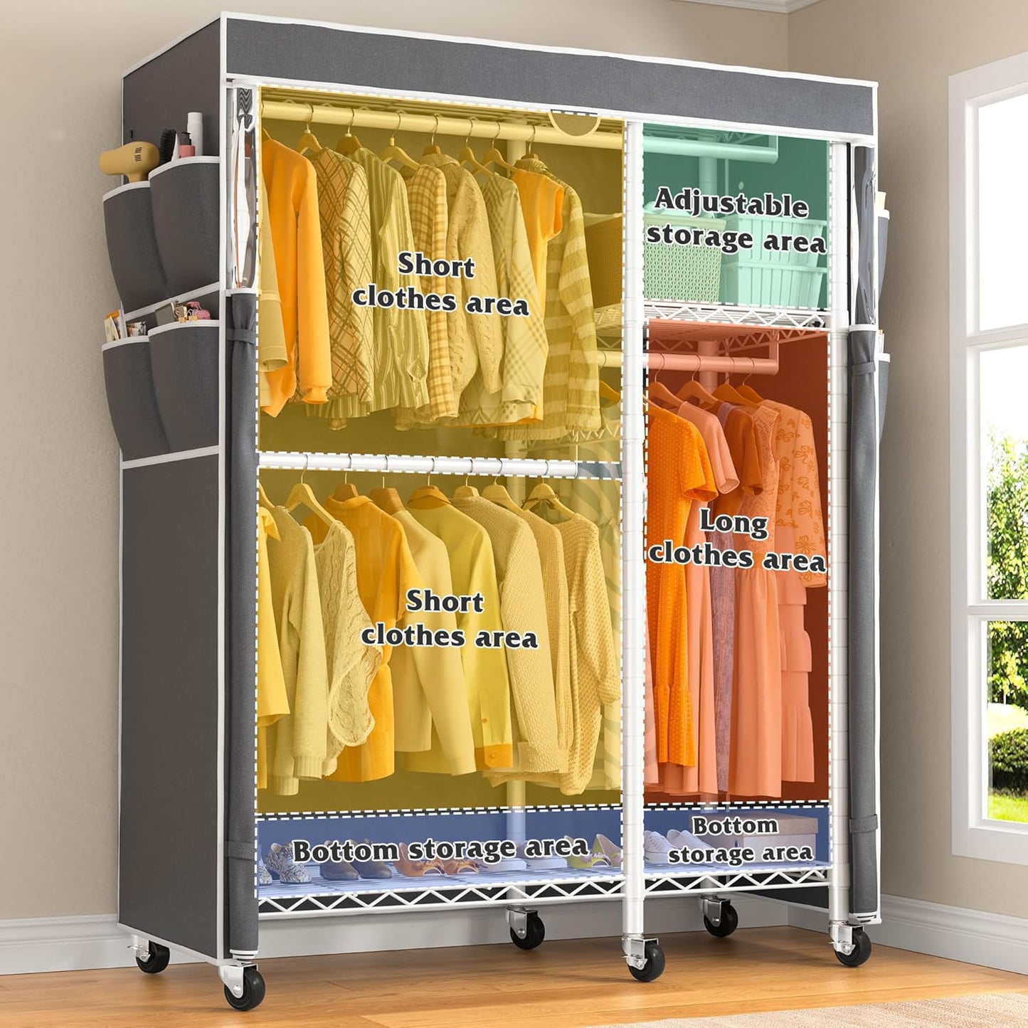 Raybee Clothes Rack with Cover,Clothing Racks for Hanging Clothes with Wheels and Adjustable