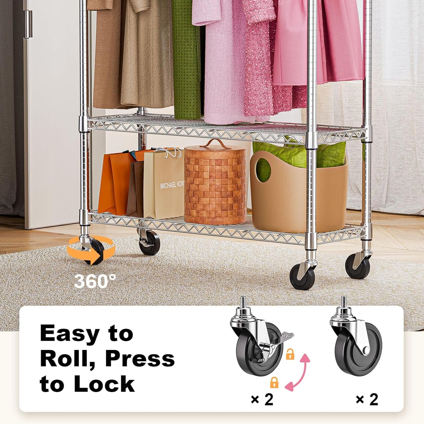 Heavy Duty Rolling Garment Rack 3 Tiers Adjustable Wire Shelving Clothes Rack with 1 Rods and Side
