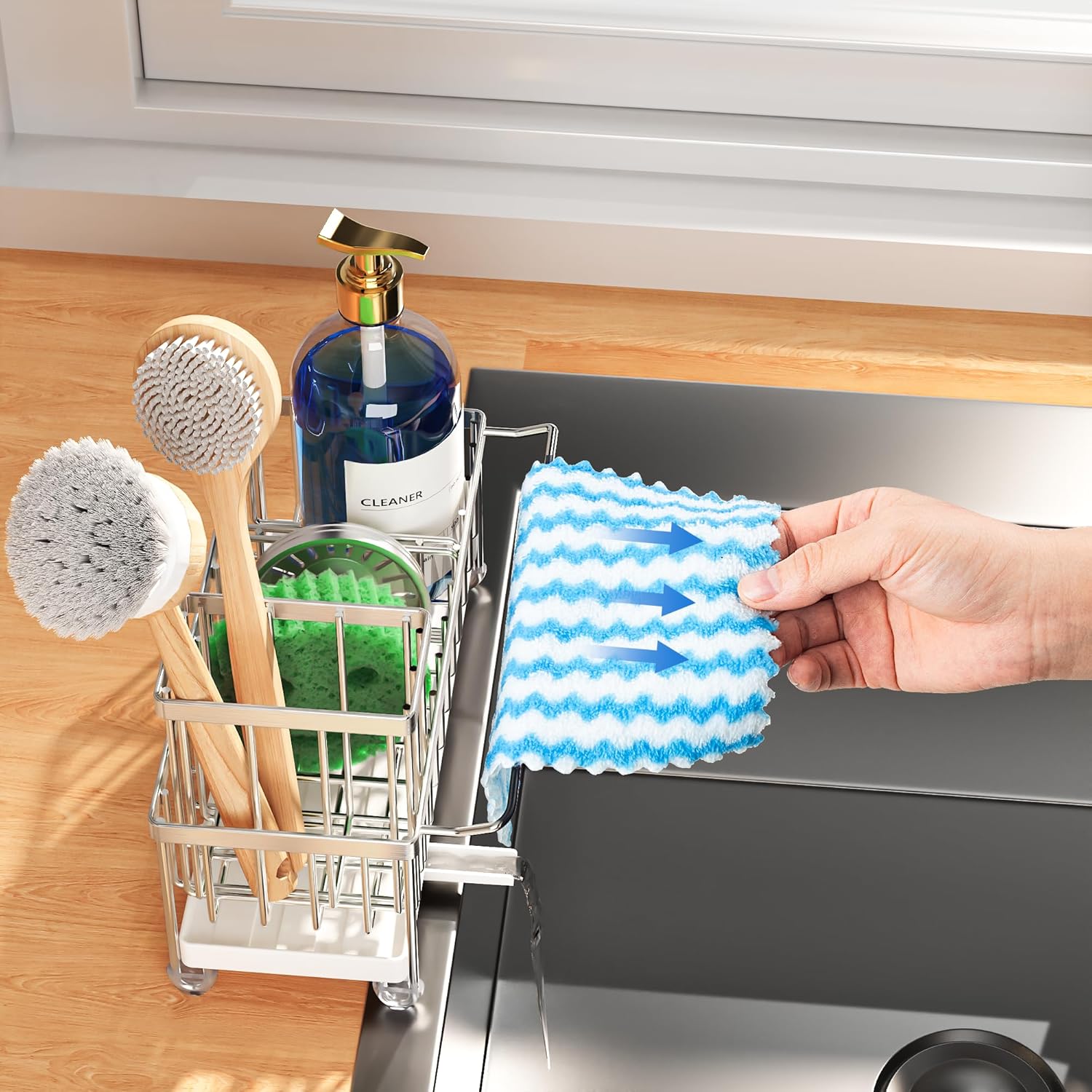 Cisily Stainless Steel Sponge Holder for Kitchen Sink with Towel Rack, Sink Caddy with Kitchen High