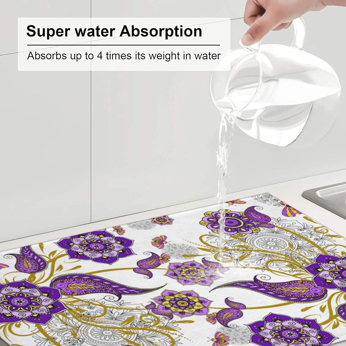 Purple Flower Kitchen Drying Mat Boho Floral Microfiber Dish Drainer Mat for Kitchen Counter