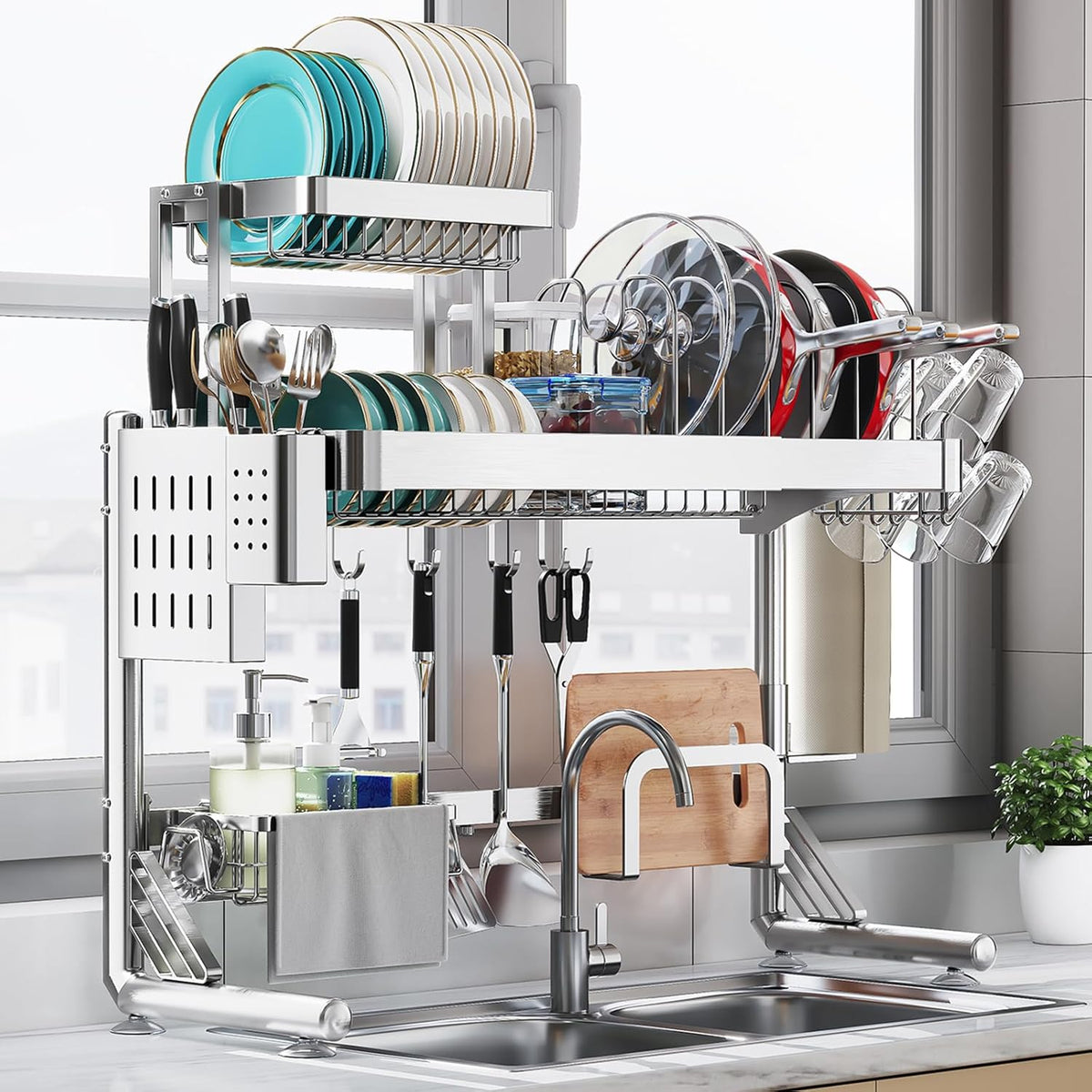 Over Sink Dish Drying Rack, Upgrade 2.5-Tier 304 Stainless Steel Dish Rack Adjustable Length with