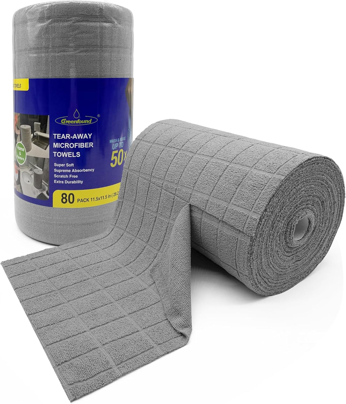Greenfound Microfiber Cleaning Cloth Roll -80 Pack,Tear Away Towels for Car,Reusable Paper Towels