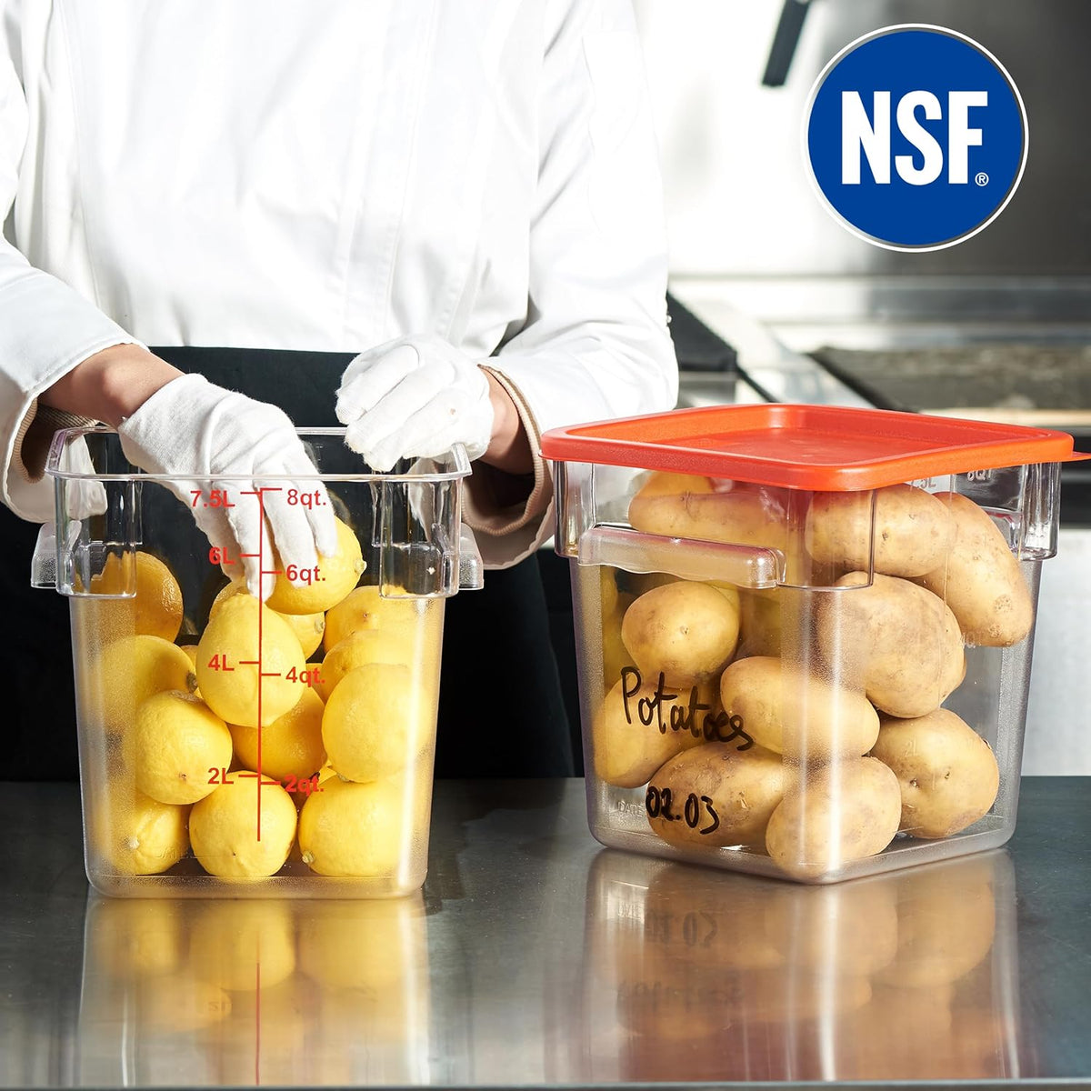 CURTA 4 Pack Food Storage Container with Red Lid - NSF Listed Commercial Grade in 8.0 Qt - Square