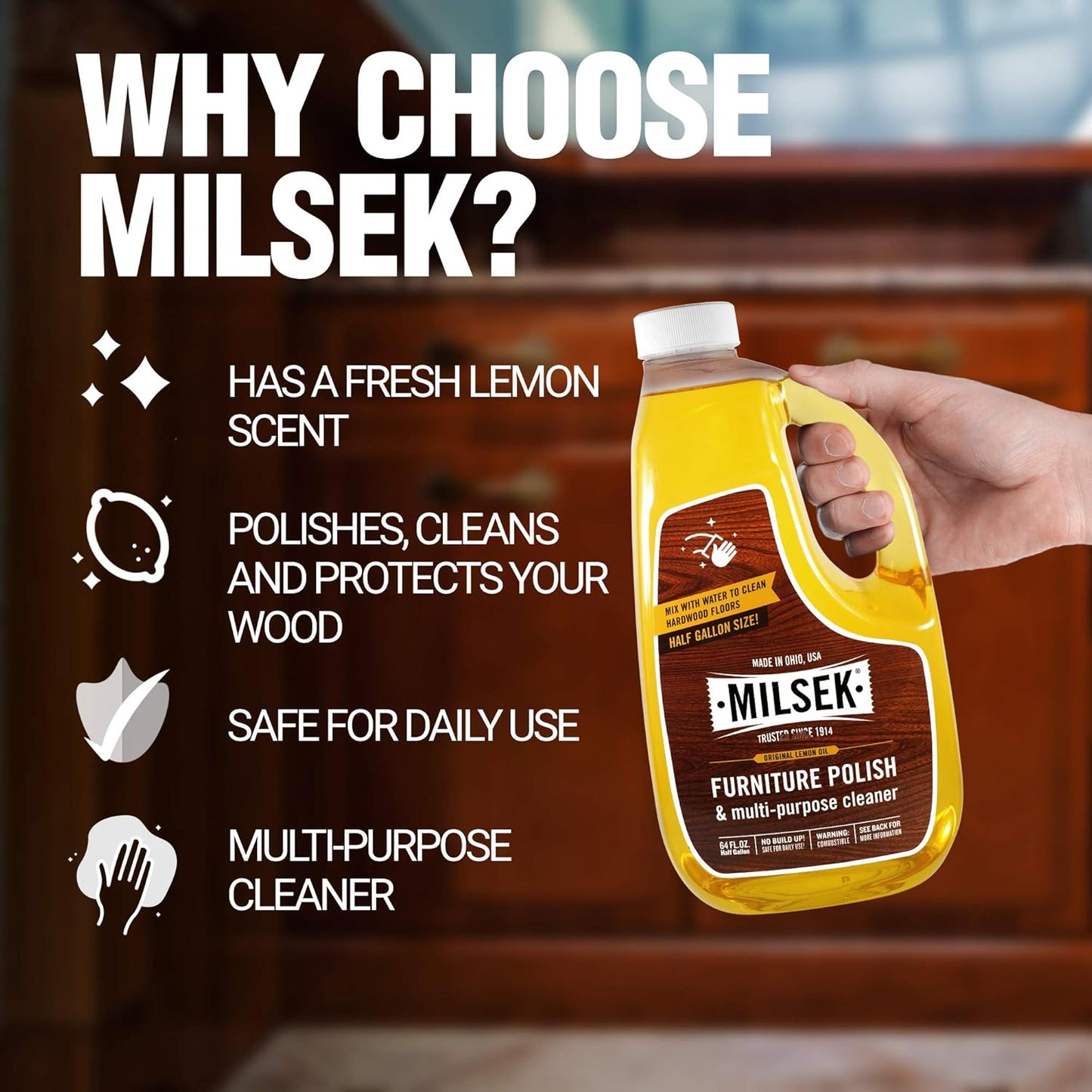 Milsek Furniture Polish and Wood Cleaner with Lemon Oil - Multipurpose Solution for Home