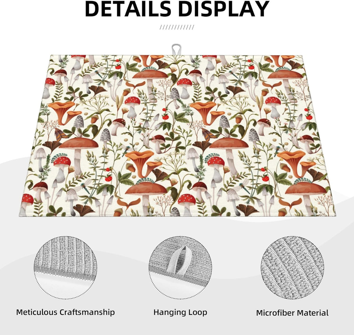 Boho Mushroom Decor Microfiber Dish Drying Mat for Kitchen Counter 18"x24" Botanic Plant Beige