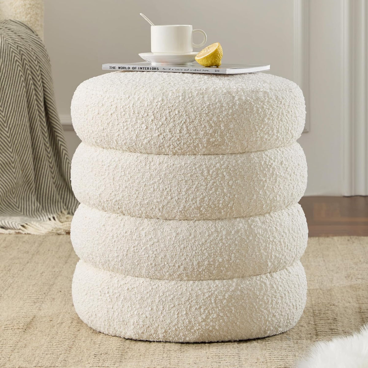 Round Ottoman with Storage Boucle Ottoman Stool with Storage Removable Lid for Living Room Modern