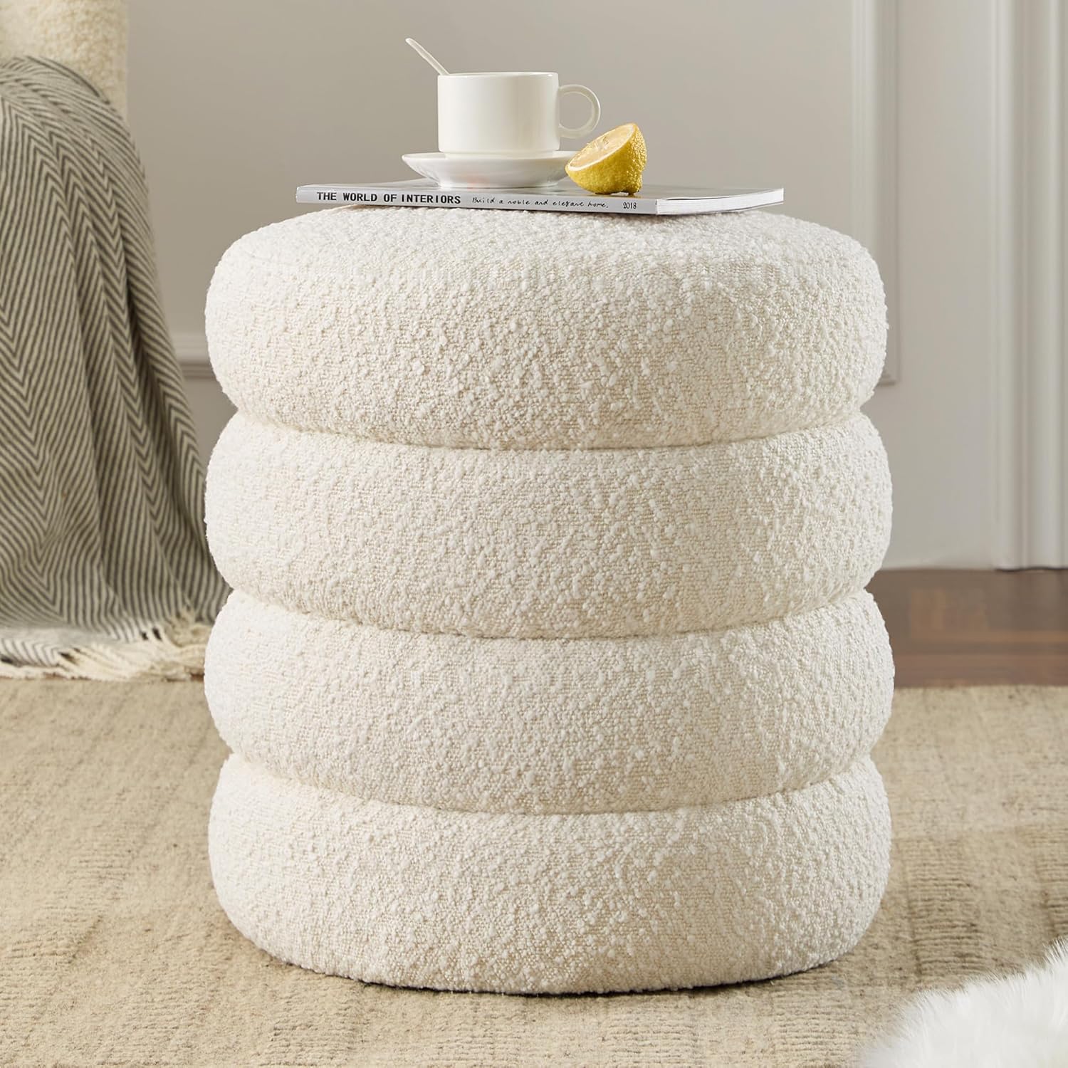 Round Ottoman with Storage Boucle Ottoman Stool with Storage Removable Lid for Living Room Modern