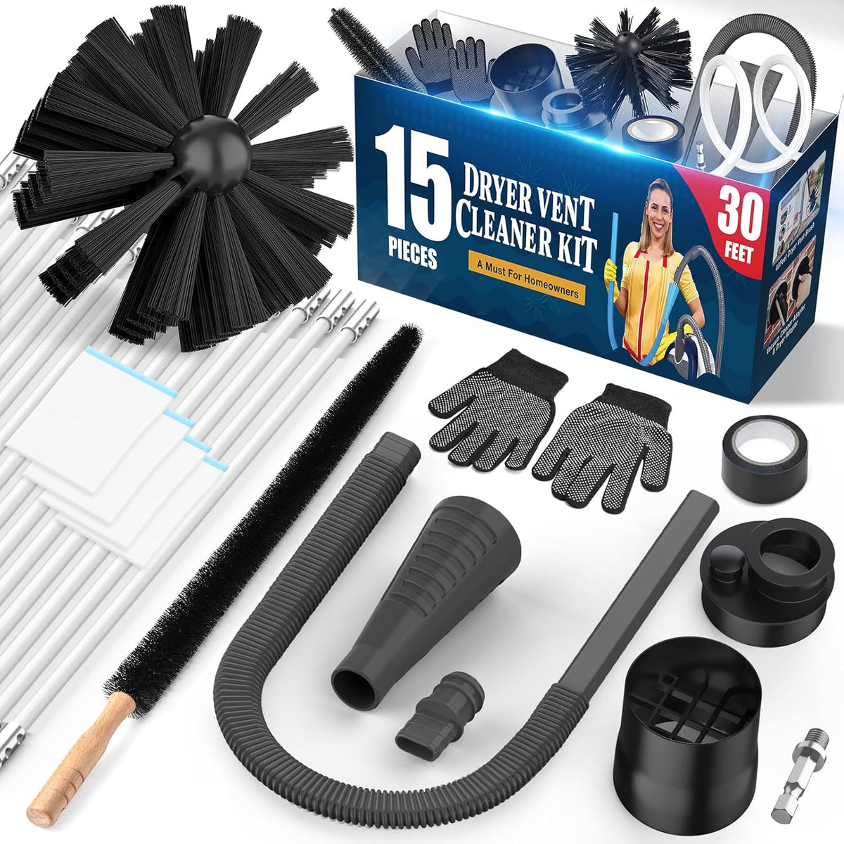Sealegend 15-Piece Dryer Vent Cleaner Kit Omnidirectional Dryer Cleaning Kit Include 30 Feet Dryer