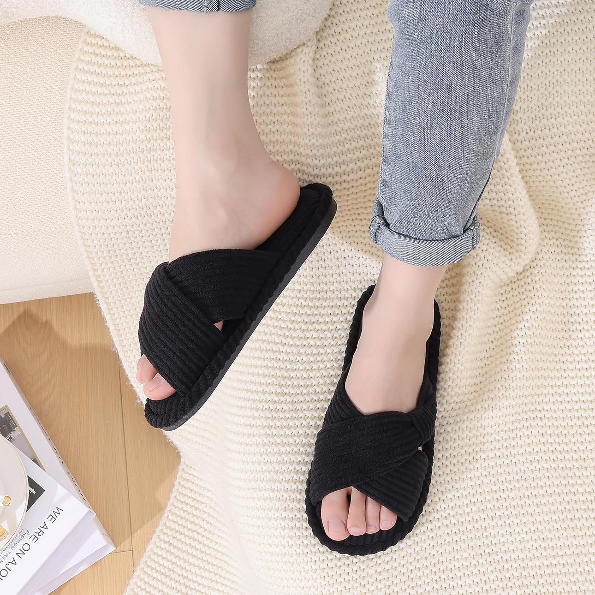 Evshine Summer House Slippers for Women Corduroy Cross Bow Indoor Slippers Open Toe Slip On Bedroom