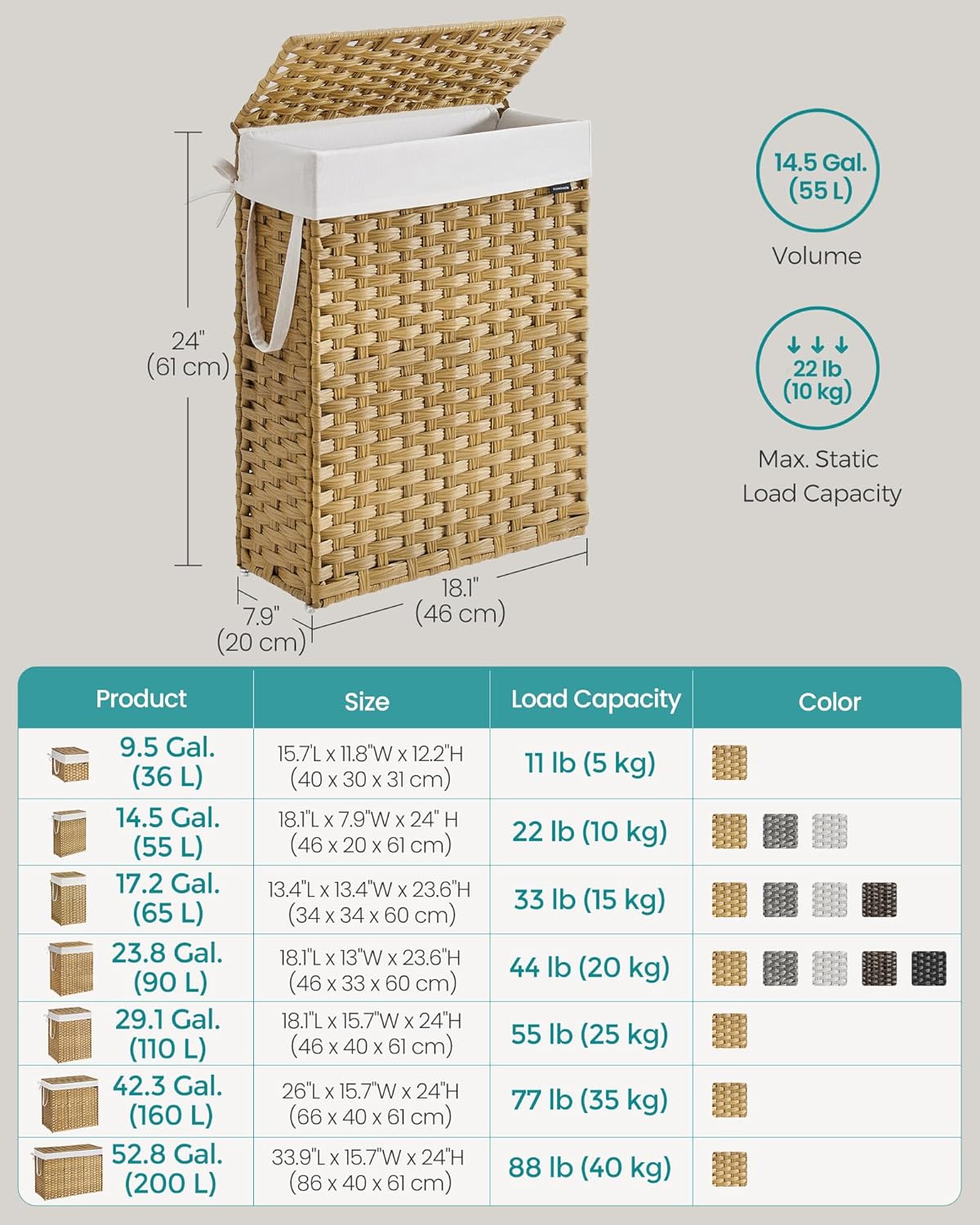 SONGMICS Slim Laundry Hamper with Lid, 14.5 Gallon (55L) Rattan Clothes Laundry Basket with Lid and
