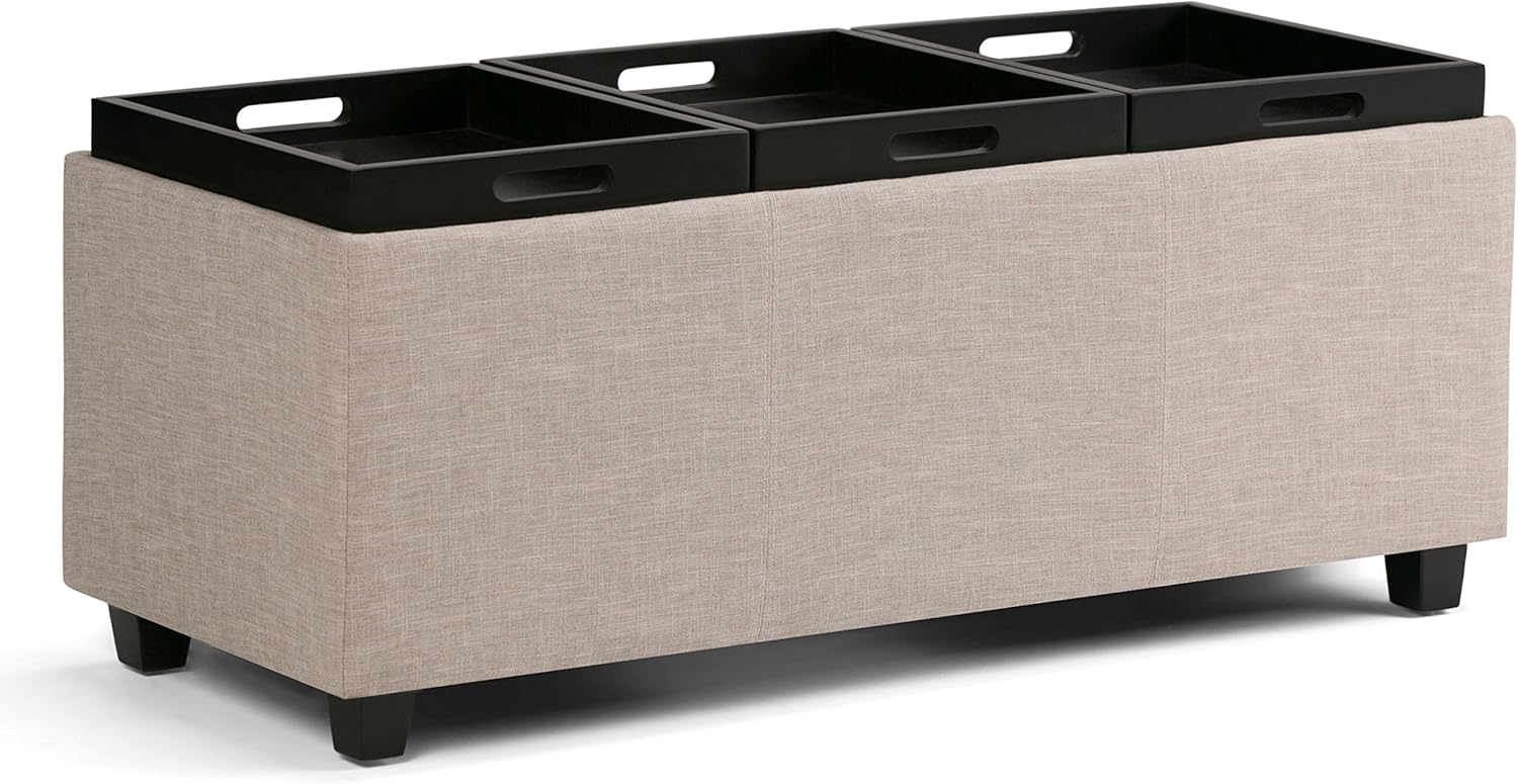 SIMPLIHOME Avalon 42 inch Wide Contemporary Rectangle Storage Ottoman in Natural Linen Look Fabric