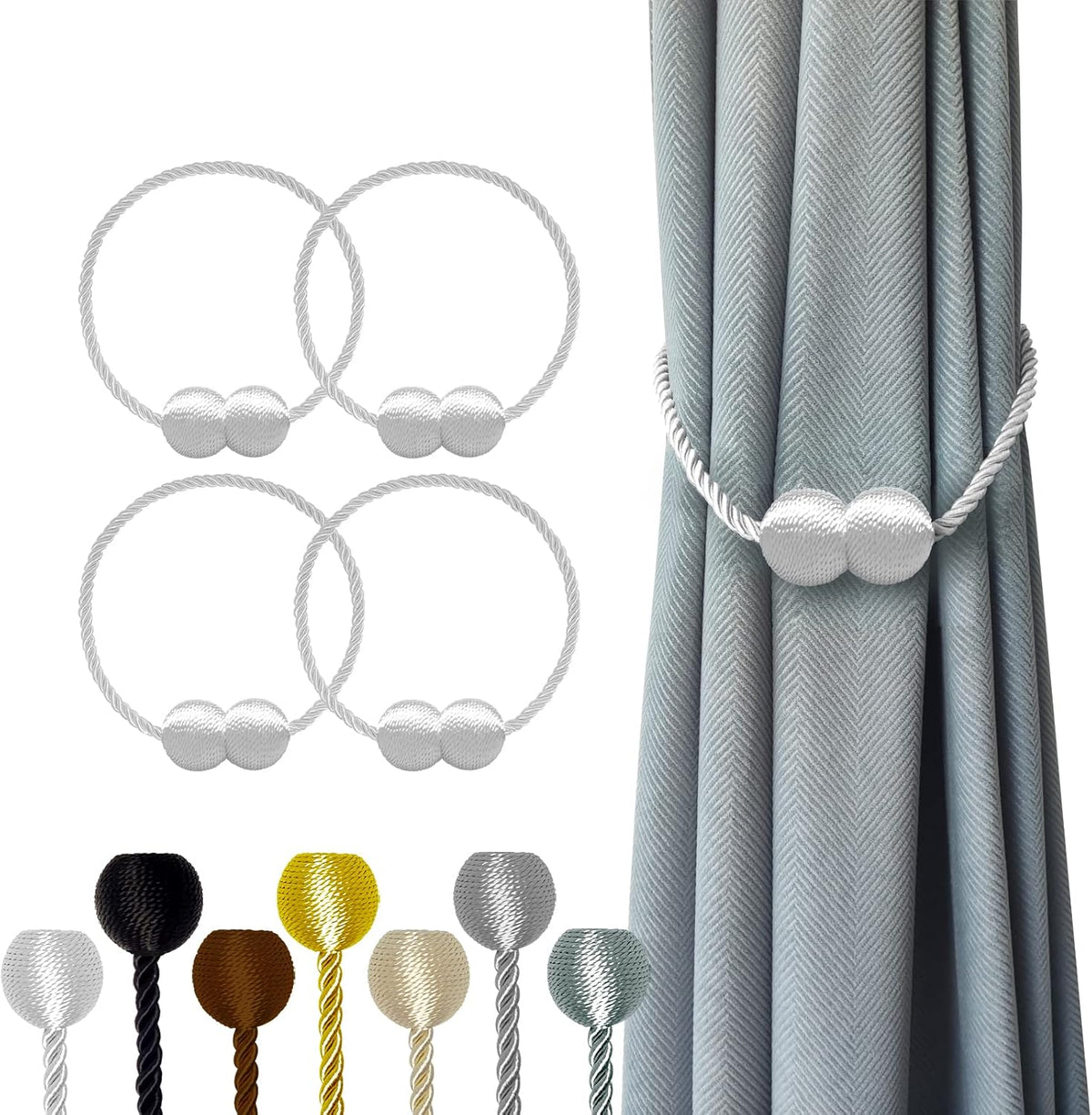 Hion Magnetic Curtain Tiebacks White 4 Pack, Curtain Tiebacks Buckles Holdbacks Holders Hooks Clip