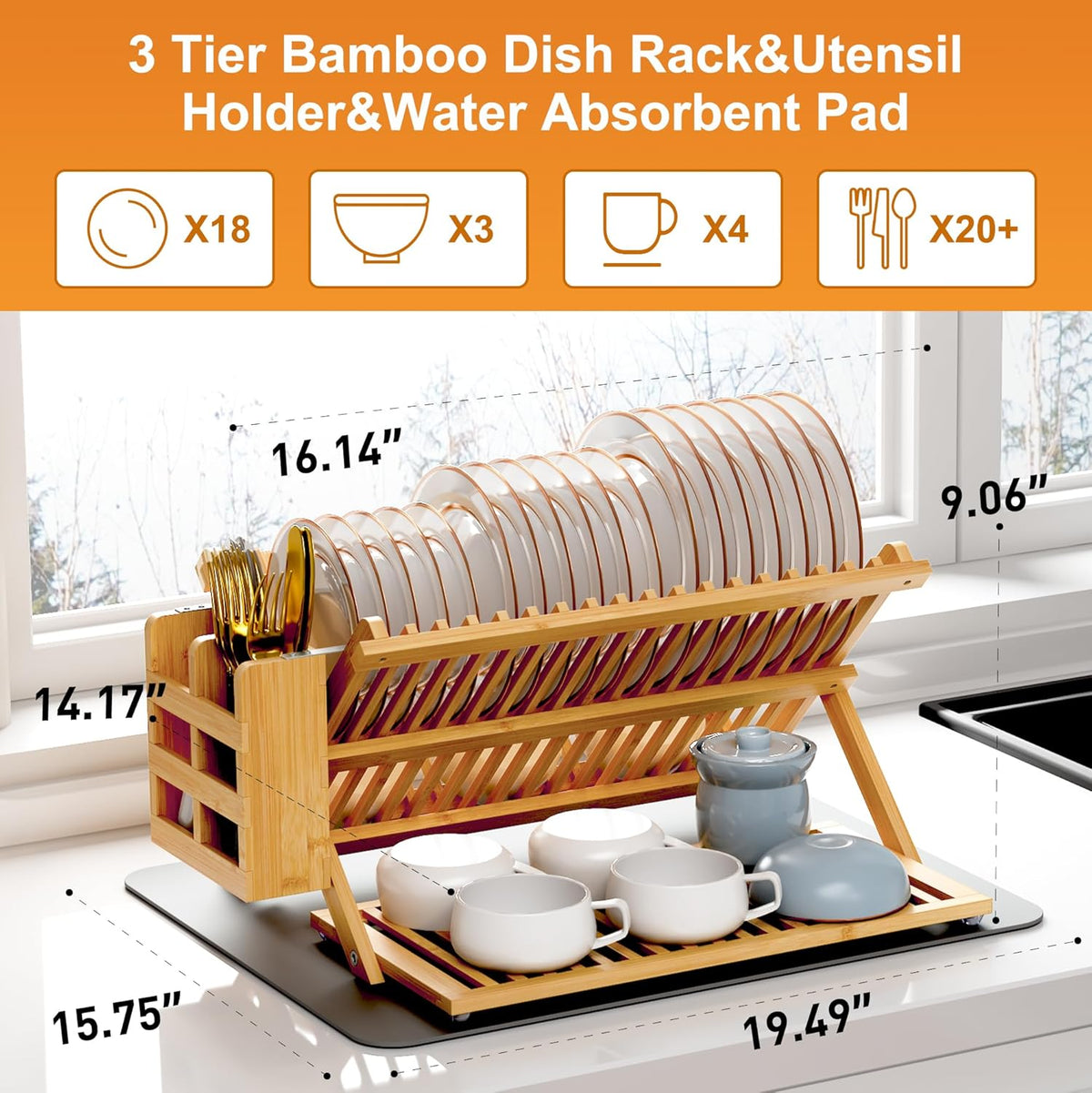 Greenual Bamboo Dish Drying Rack with Utensil Holder, 3 Tier Collapsible Dish Rack, Wooden Dish