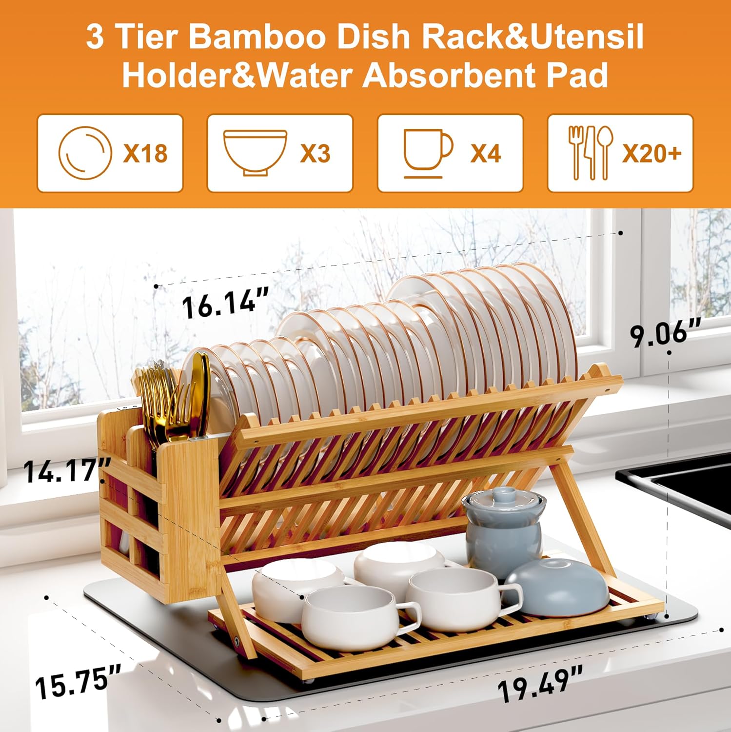 Greenual Bamboo Dish Drying Rack with Utensil Holder, 3 Tier Collapsible Dish Rack, Wooden Dish