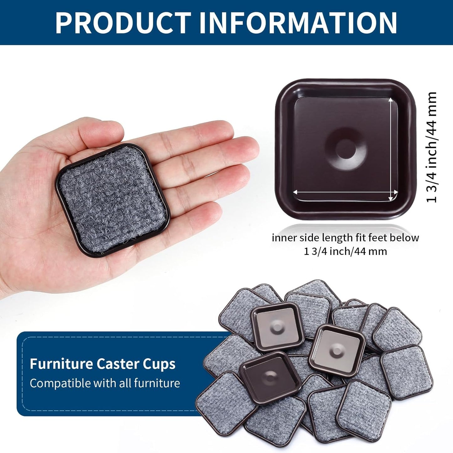 Ezprotekt 1 3/4" Square Reusable Felt Furniture Caster Cups with Carpet Bottom, 16 Pcs Felt