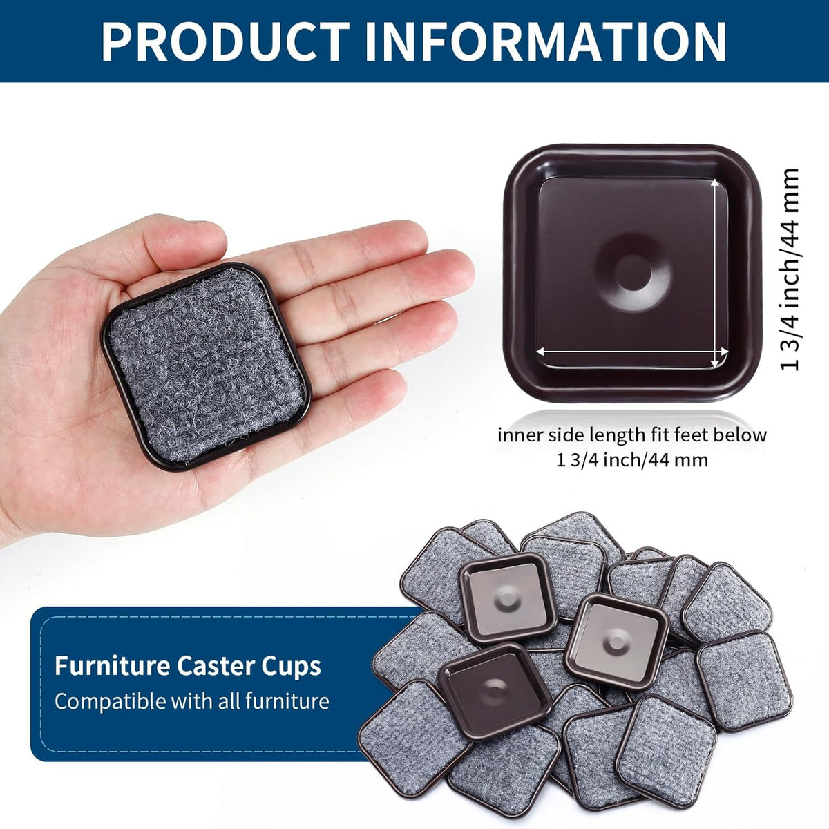 Ezprotekt 1 3/4" Square Reusable Felt Furniture Caster Cups with Carpet Bottom, 16 Pcs Felt