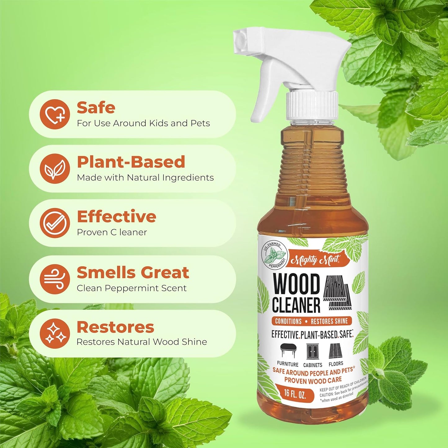 Mighty Mint Wood Cleaner and Conditioner, Spray Cleans and Renews Wood, Natural Peppermint Scent