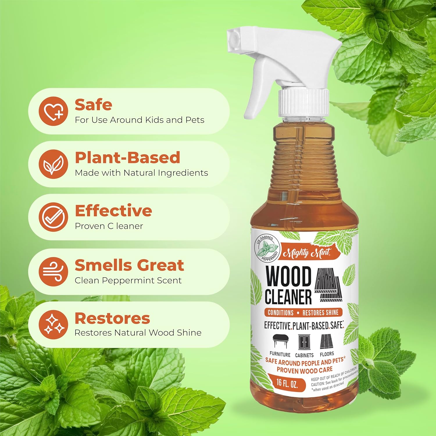 Mighty Mint Wood Cleaner and Conditioner, Spray Cleans and Renews Wood, Natural Peppermint Scent