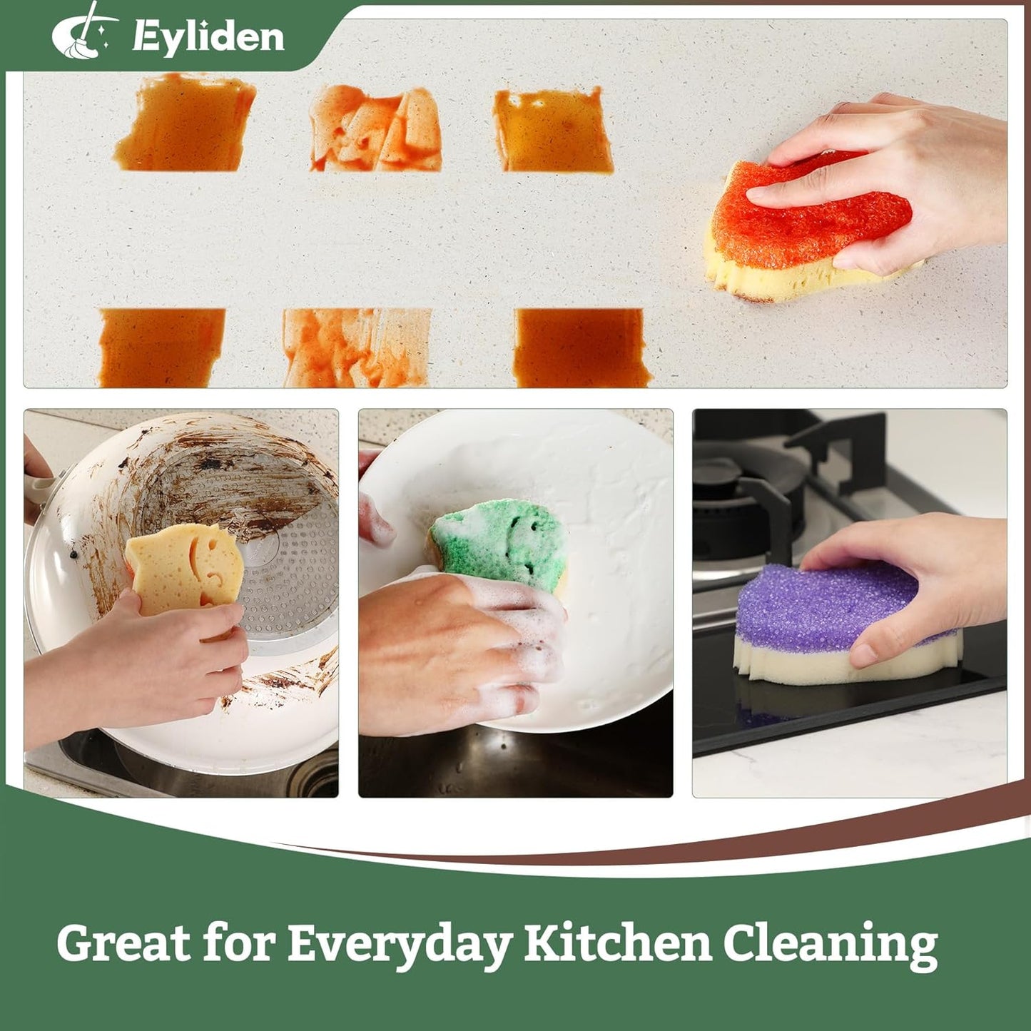 Eyliden 6 Pack Scrub Sponge - Dual-Sided, Smart-Temp Firmness, Dish Scrubber, Non-Scratch