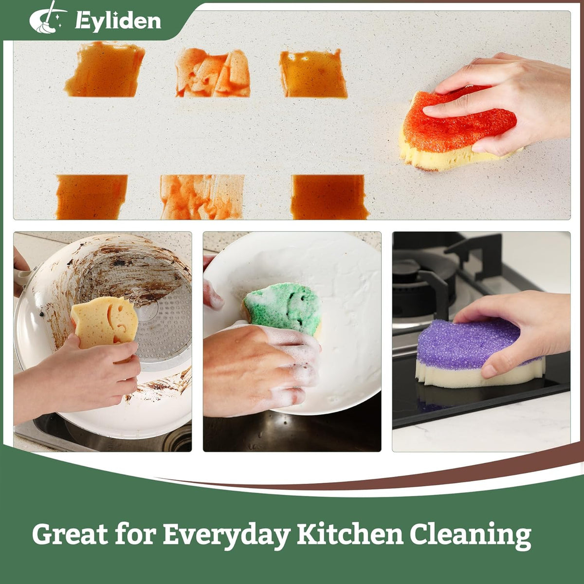 Eyliden 6 Pack Scrub Sponge - Dual-Sided, Smart-Temp Firmness, Dish Scrubber, Non-Scratch