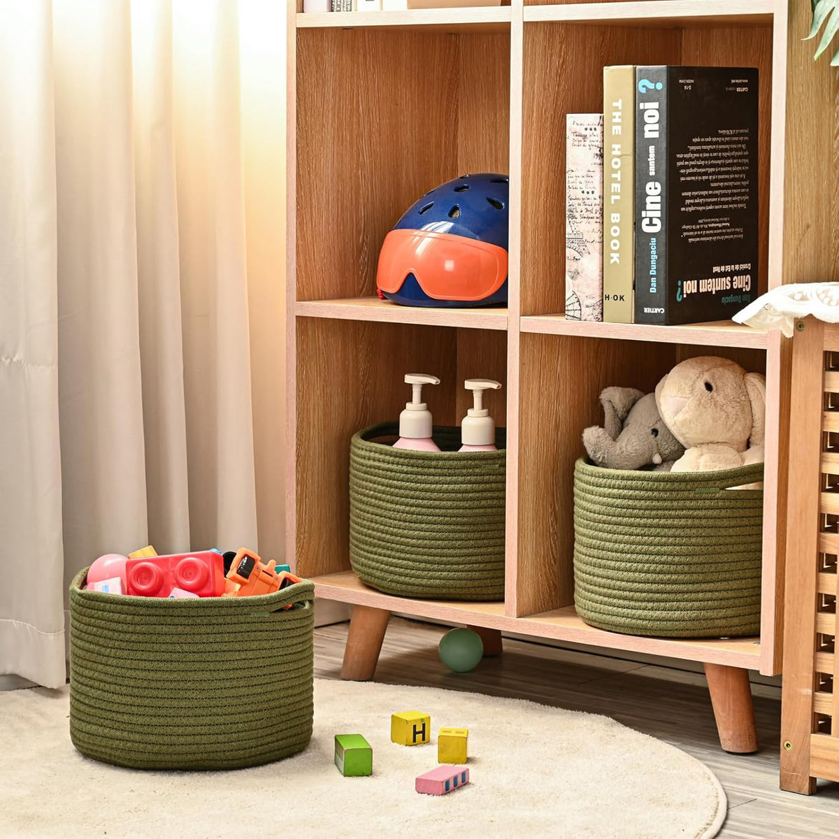 Small Storage Baskets for Organizing, Organizer Baskets for Shelves, Green Woven Basket for Storage