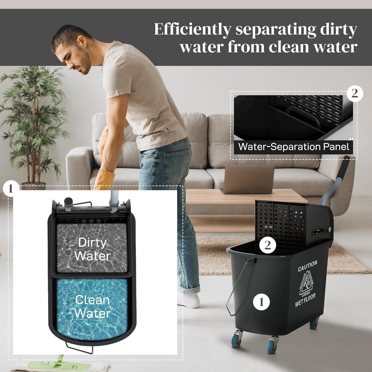 HOMCOM Compact Mop Bucket with Wringer on Wheels for Floor Cleaning, 21 Quart, Separate Dirty and