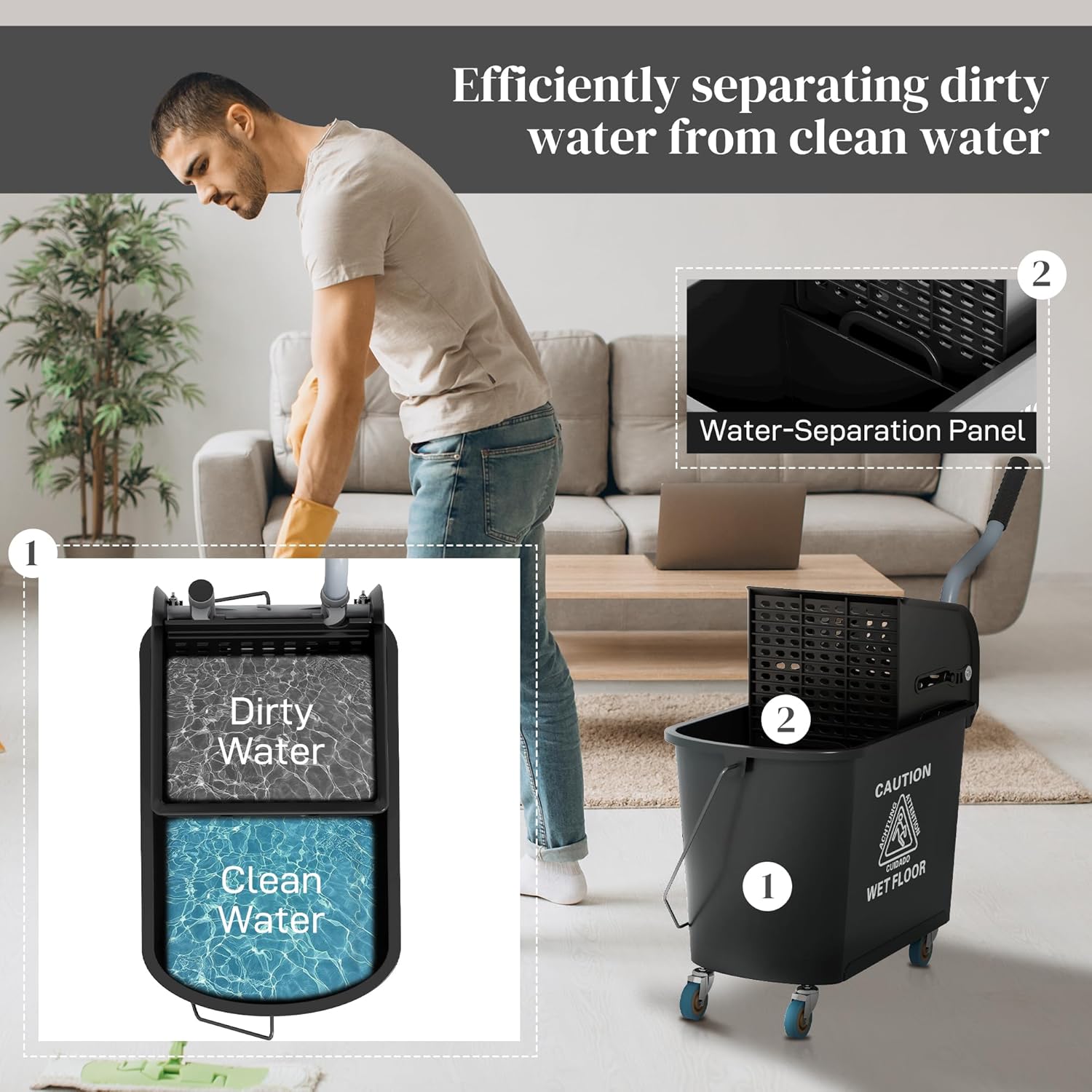 HOMCOM Compact Mop Bucket with Wringer on Wheels for Floor Cleaning, 21 Quart, Separate Dirty and