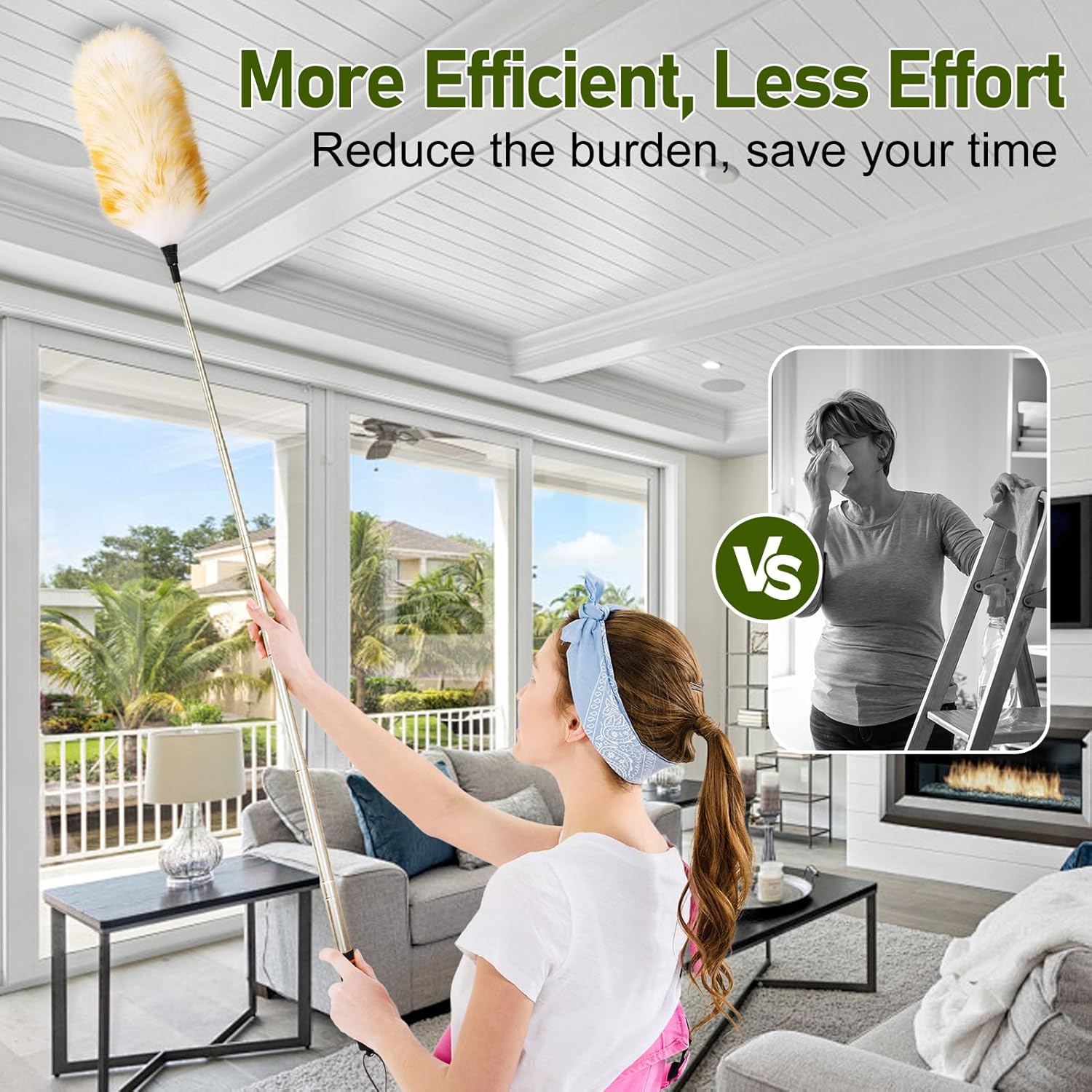 Extendable Lambswool Duster 25-64" Retractable Telescopic Handle Removable Head Multi-Surface