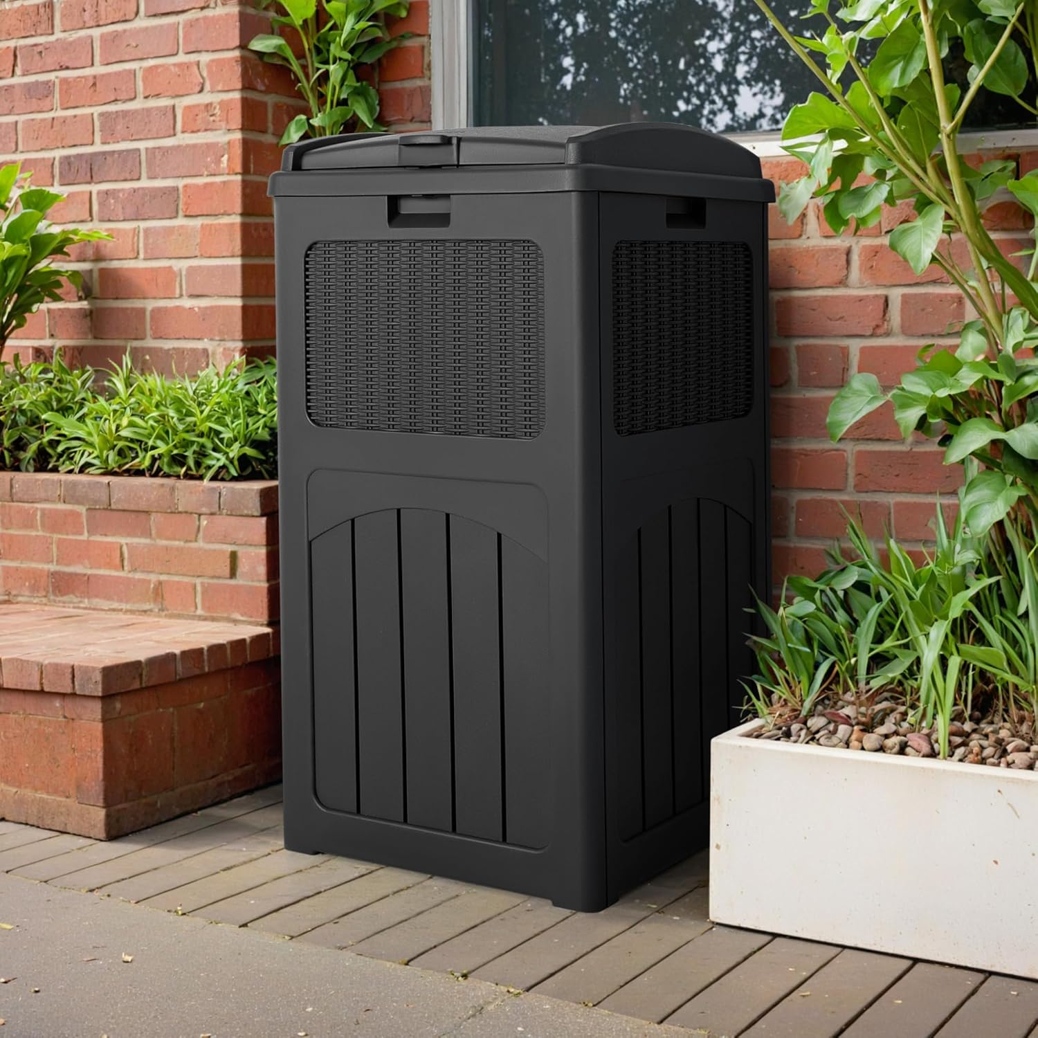 Devoko 33 Gallon Outdoor Trash Can, Hideaway Garbage Bins with Tiered Lid, Waterproof Resin Outside