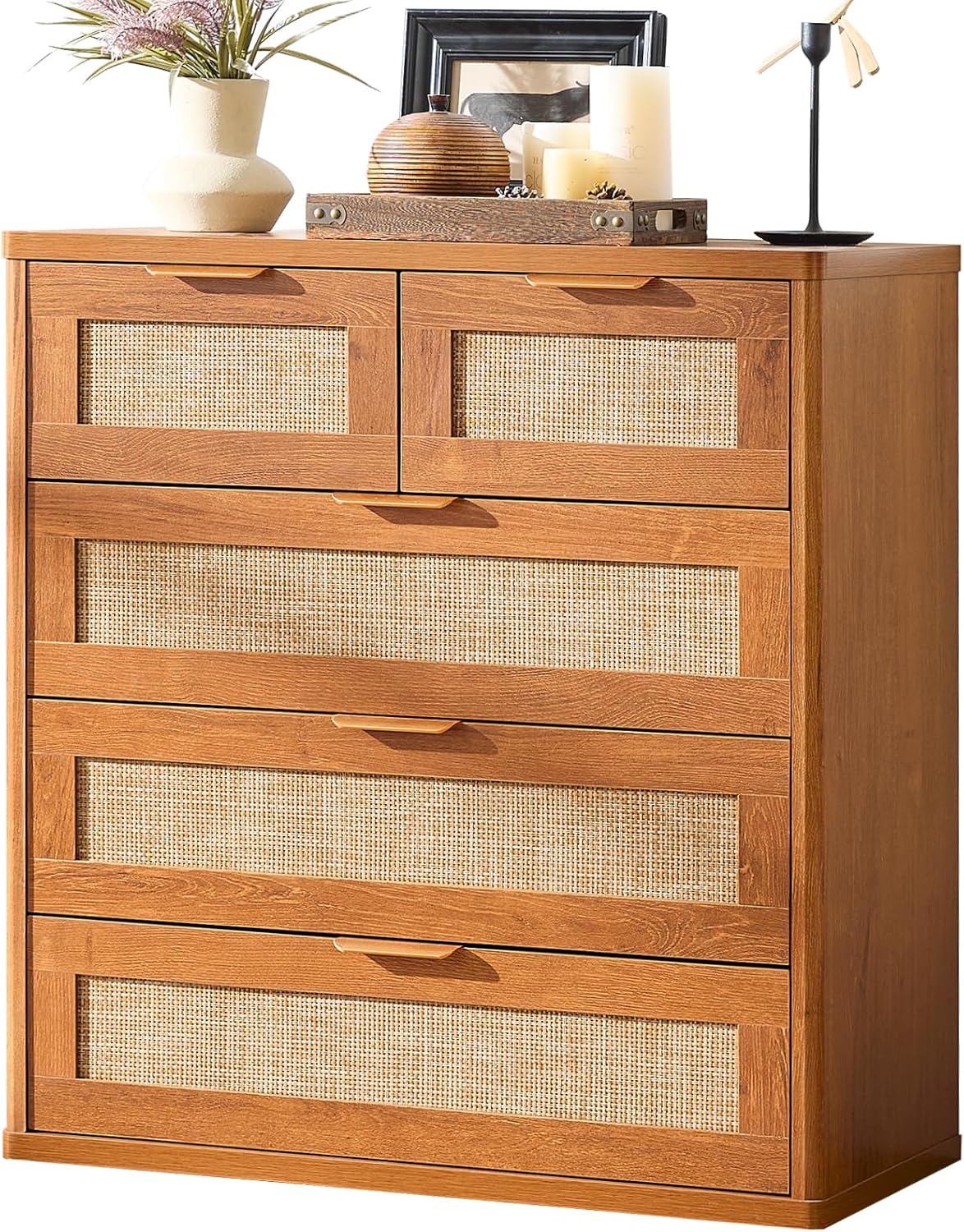 LEYAOYAO Rattan Dresser for Bedroom, 33.5" Tall Chest of Drawers, Modern 5 Drawers Boho Dressers