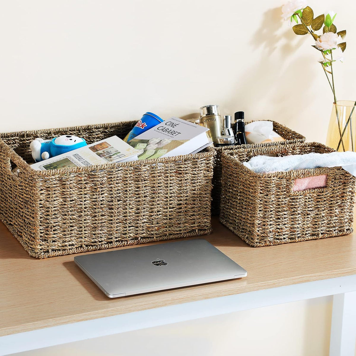 HOONEX Large Wicker Baskets for Storage, Seagrass Baskets with Dual Handles, Woven Baskets for