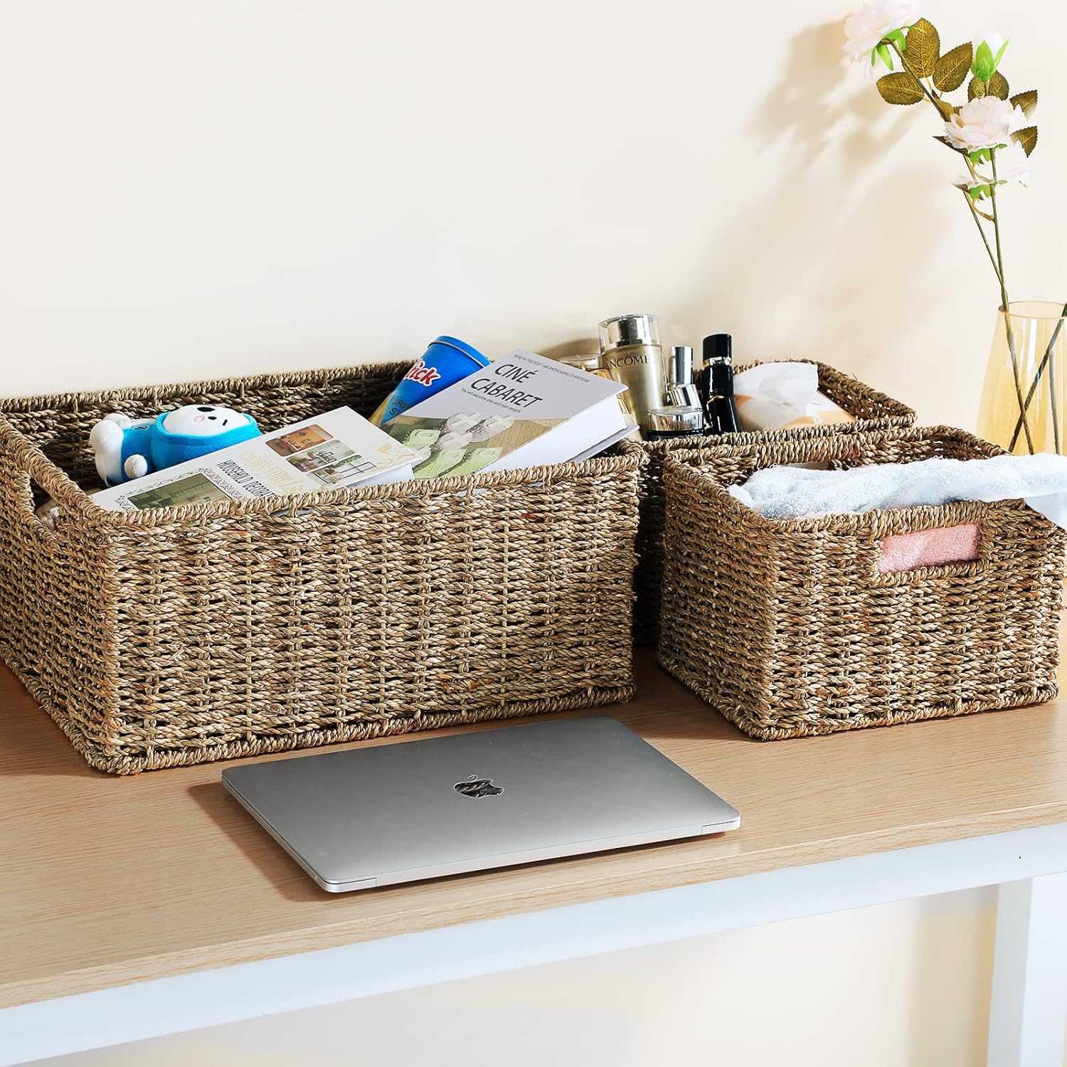 HOONEX Large Wicker Baskets for Storage, Seagrass Baskets with Dual Handles, Woven Baskets for