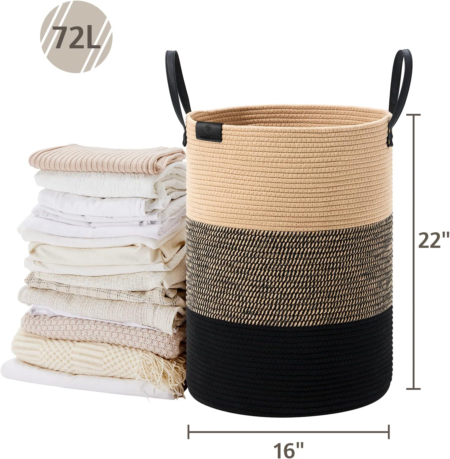 VIPOSCO Tall Laundry Basket, Large Dirty Clothes Hamper with Leather Handle, Woven Rope Storage