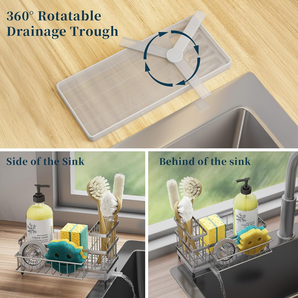 Consuemst Sponge Holder for Kitchen Sink - Auto Draining Sink Caddy Organizer with Detachable Rack