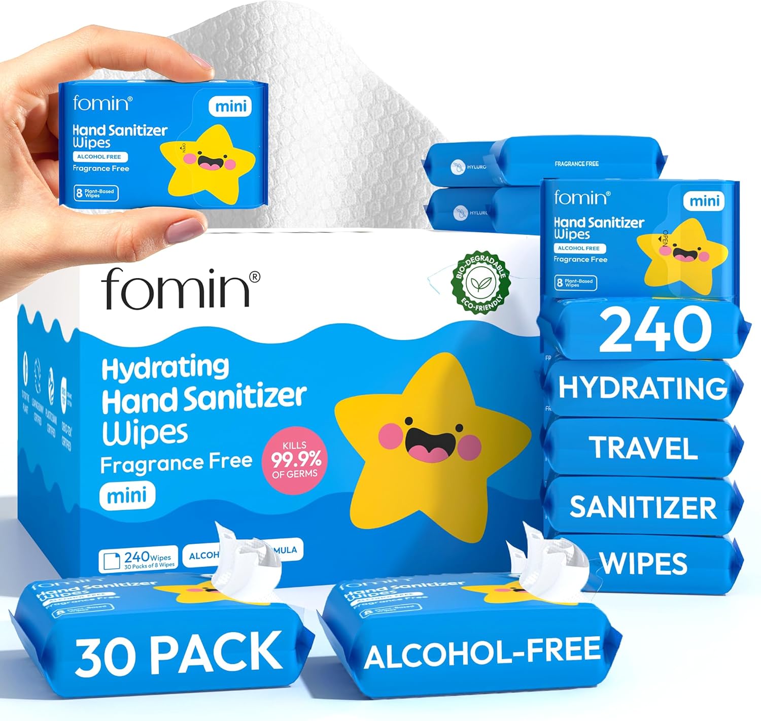 Fomin Mini Hand Sanitizer Wipes 30 Pack (8 Count) - Fragrance Free Mini Wet Wipe - pH Balanced