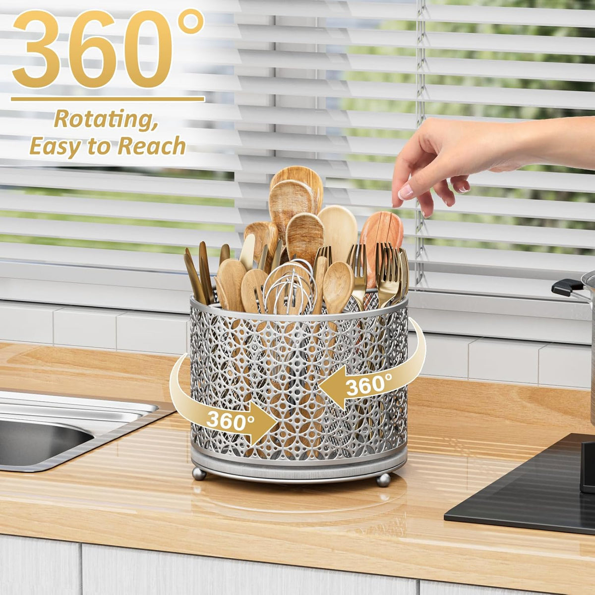 Rotating Utensil Holder for Kitchen - Silverware Caddy Fast-Drying Flatware Organizer 4 Compartment