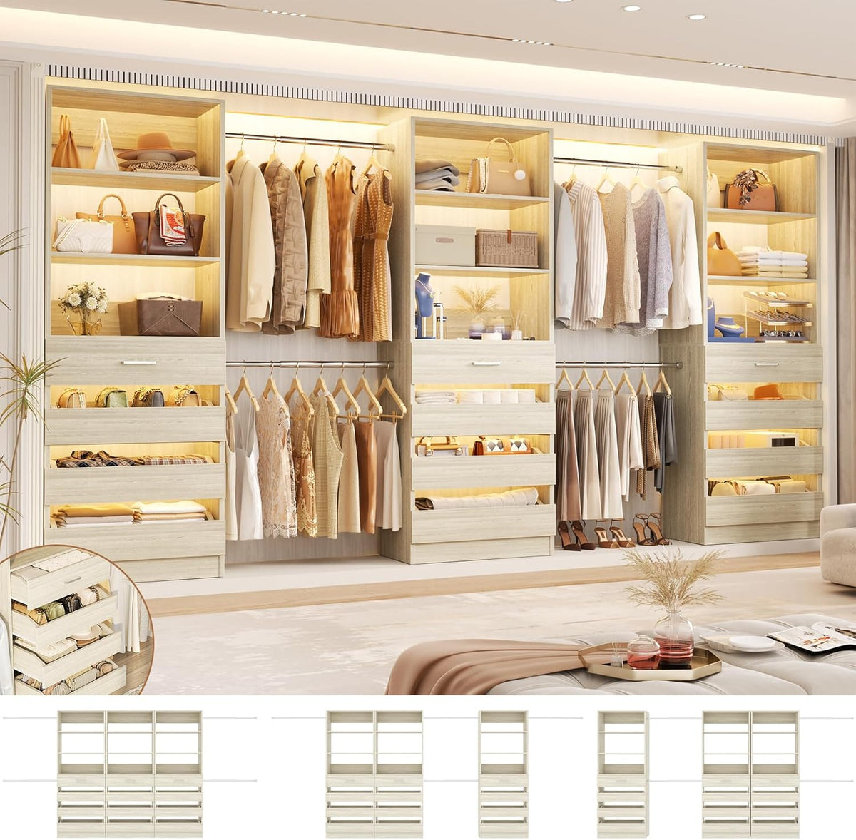 Aheaplus Closet System with 12 Drawers, 8.5-11.5Ft Wood Closet Organizer System with 4 Hanging Rods