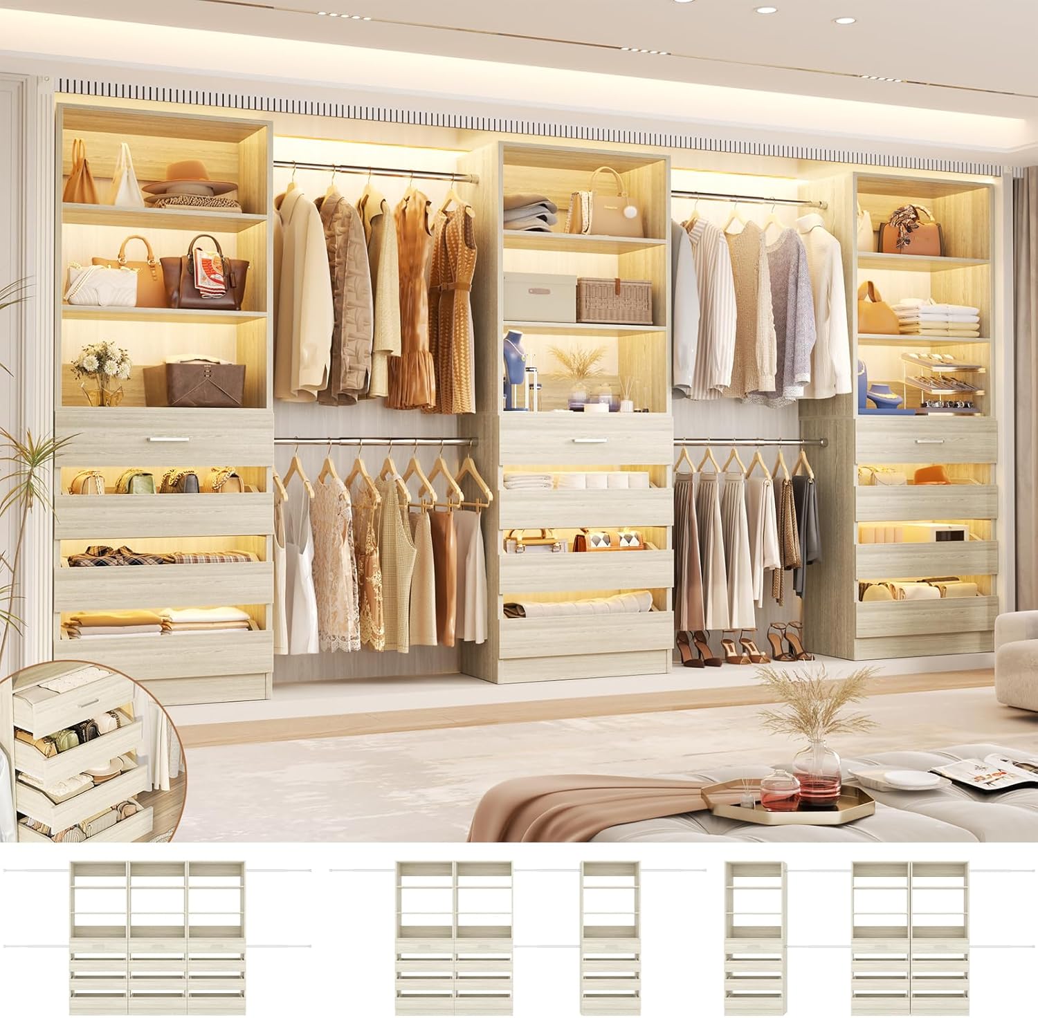 Aheaplus Closet System with 12 Drawers, 8.5-11.5Ft Wood Closet Organizer System with 4 Hanging Rods