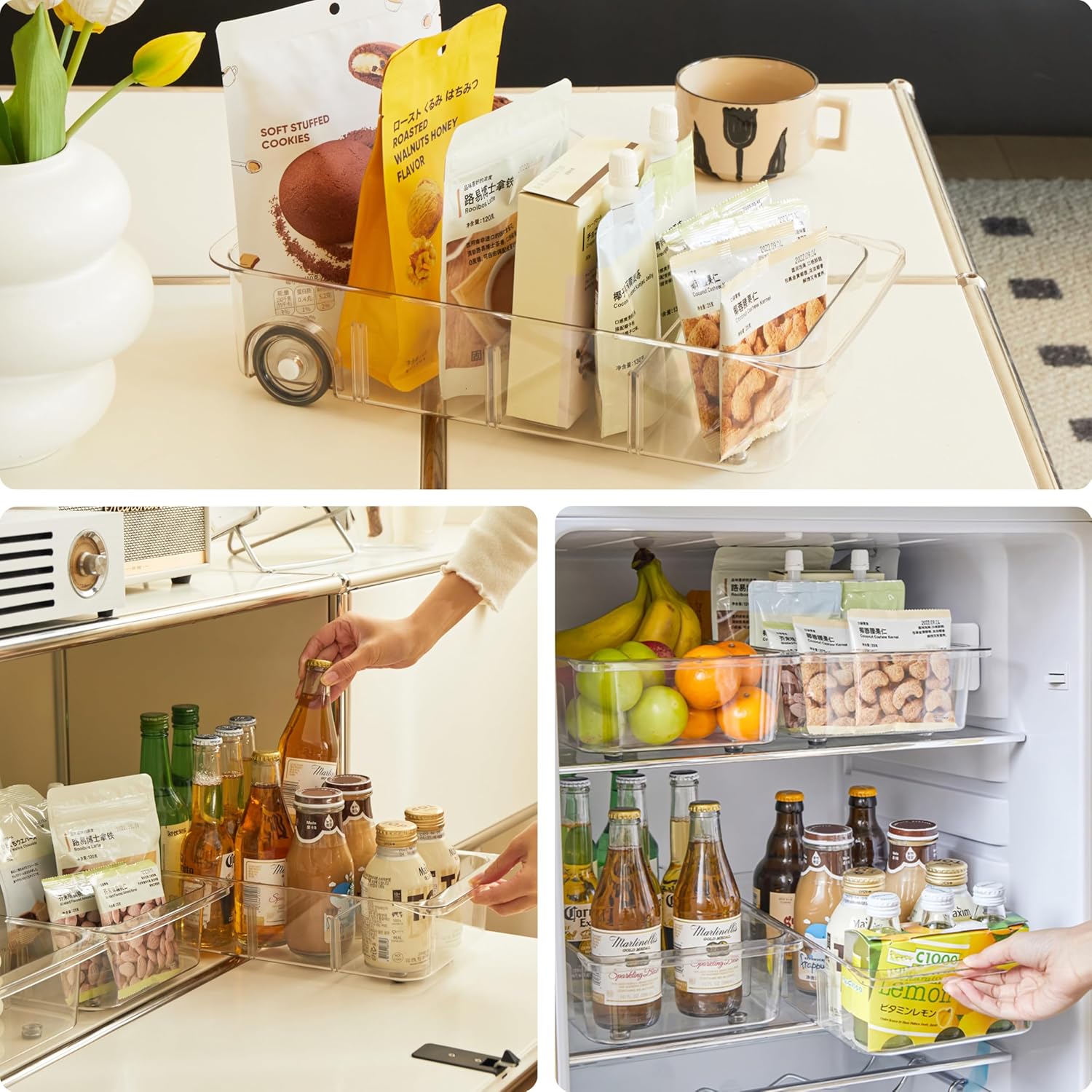 Fridge Organizer Bins With Wheels, 3 Pack Roll Out Refrigerator Organizers And Storage Refrigerator