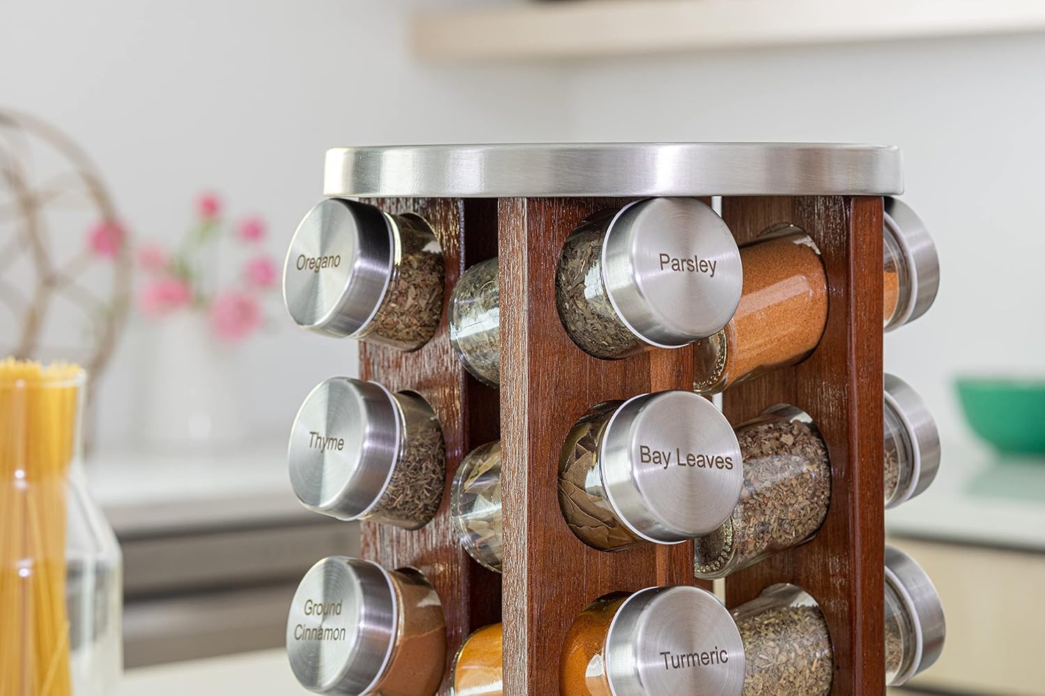 Orii 20 Jar Dark Acacia Wood Spice Rack with Spices Included - Rotating Tower Organizer for Kitchen