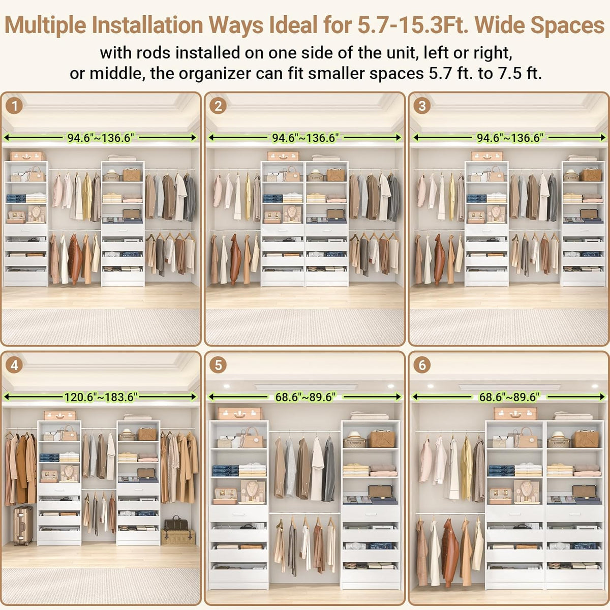 Aheaplus Closet System, 6-15Ft Closet Organizer with 8 Wooden Drawers, Wood Closet Organizer System