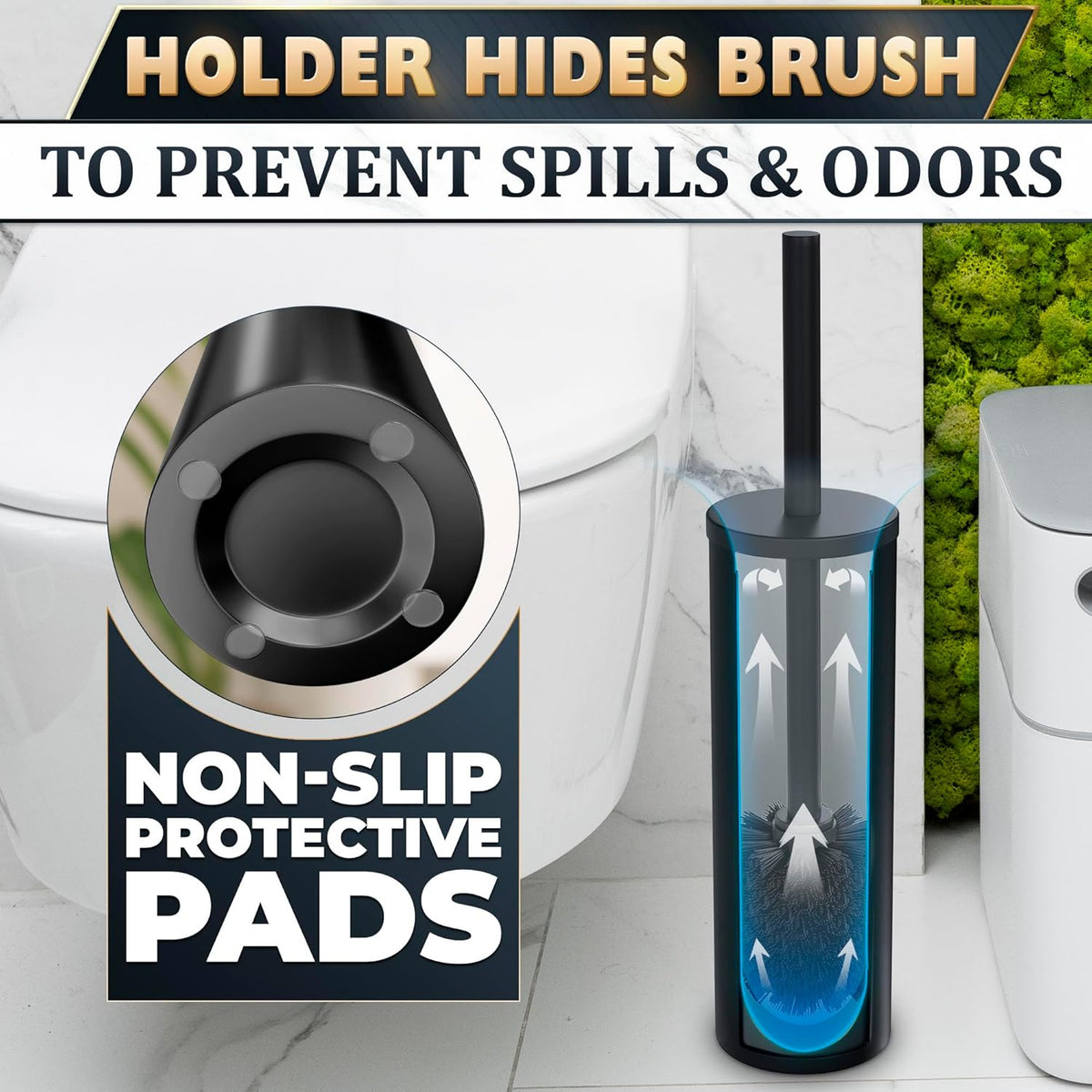 Black Toilet Brush and Holder Set - Scratch Resistant Black Toilet Bowl Brush and Holder with Soft