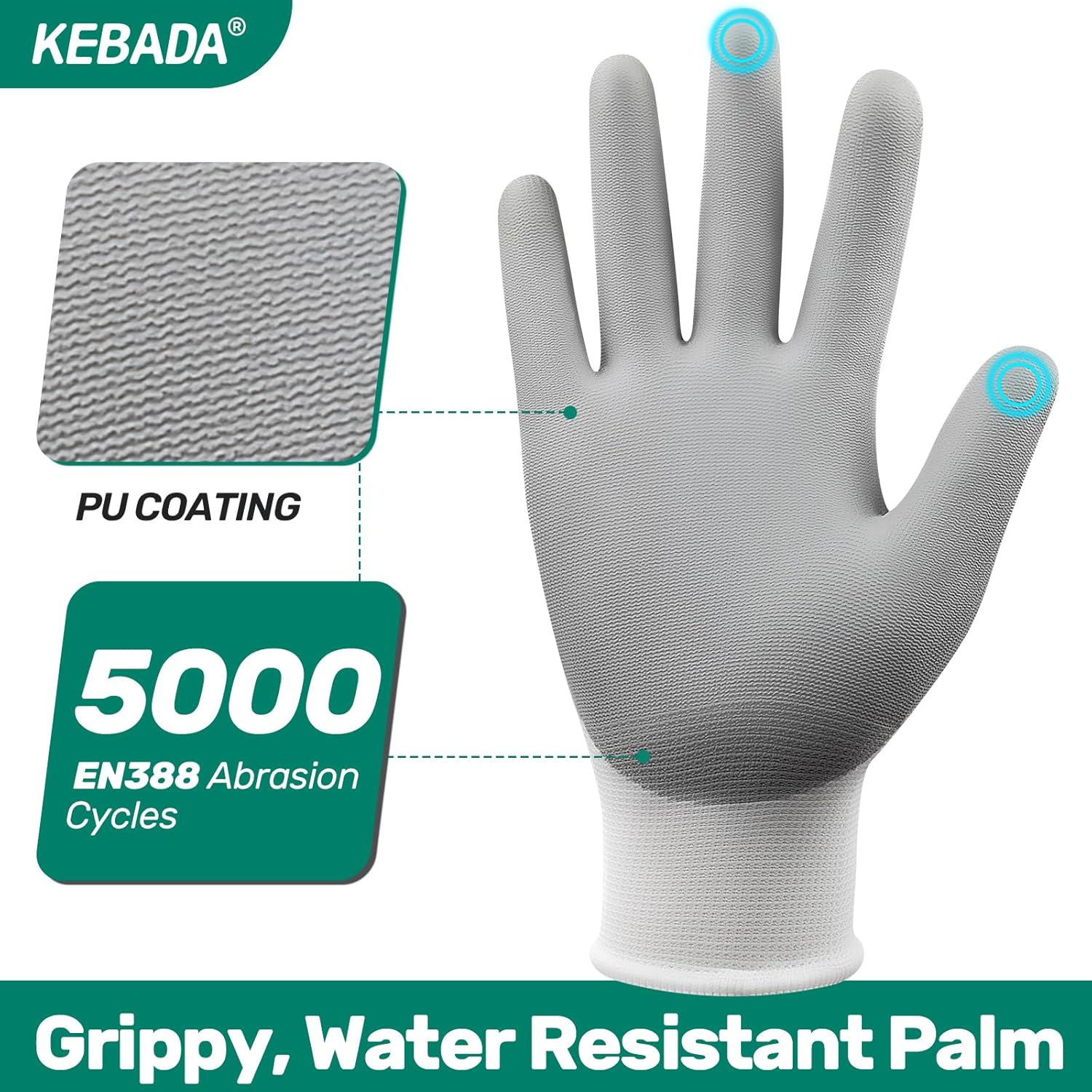 Kebada W1 Work Gloves for Men and Women, 12 Pairs Touchscreen Safety Gloves with Grip, PU-Coated