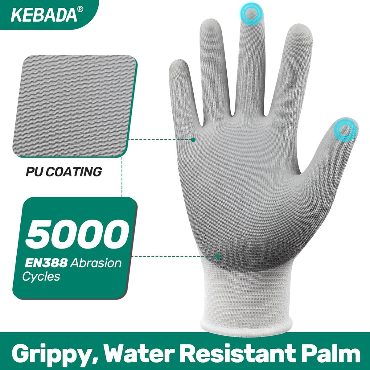 Kebada W1 Work Gloves for Men and Women, 12 Pairs Touchscreen Safety Gloves with Grip, PU-Coated