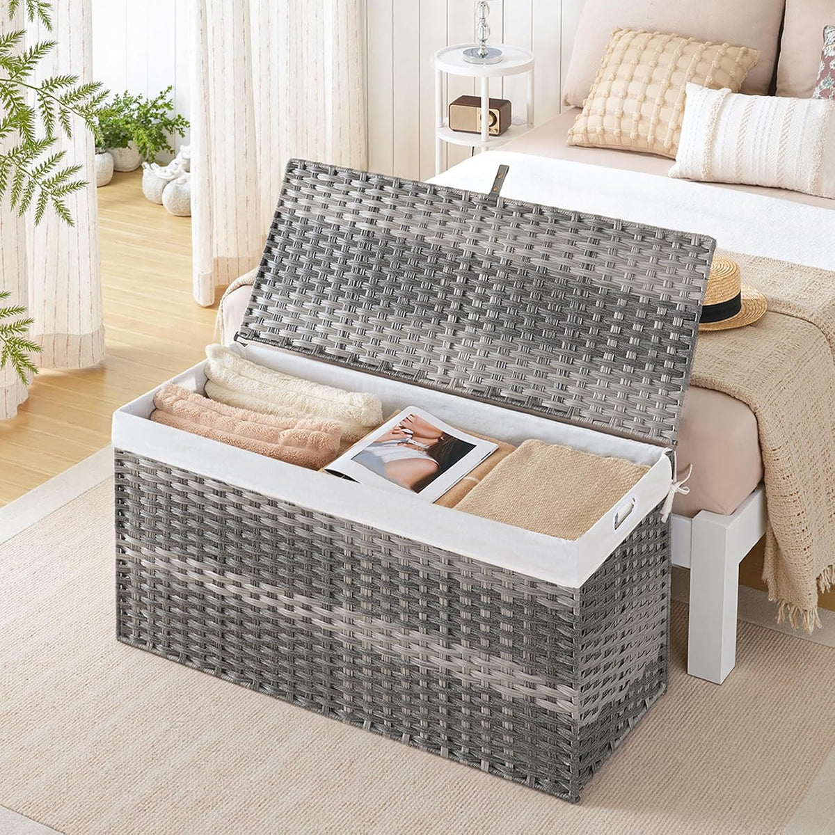 HOOBRO Storage Basket with Lid, 52.8 Gallon (200L) Wicker Basket, Handwoven Blanket Storage Basket
