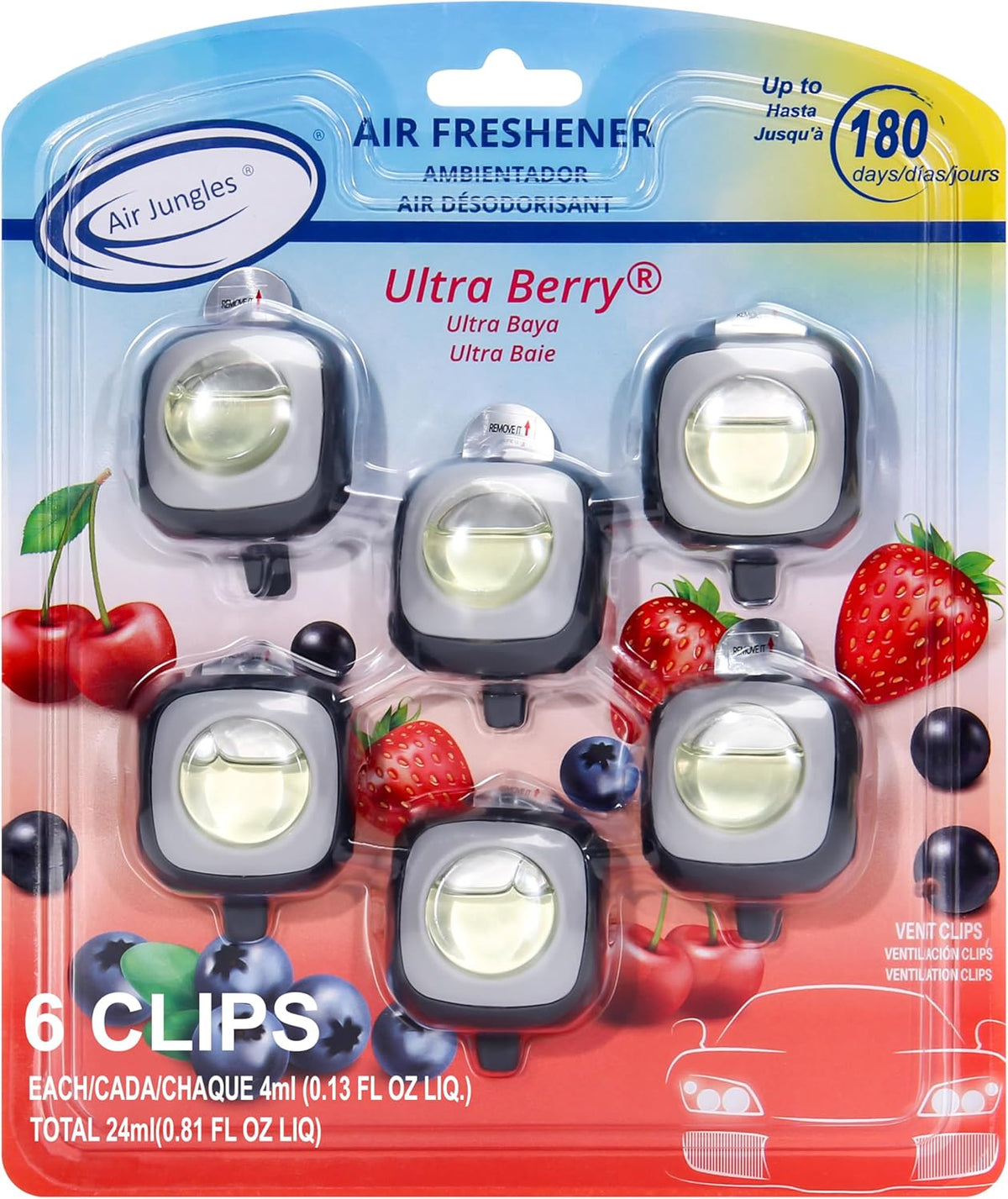 Air Jungles Ultra Berry Scent Car Air Freshener Clip, 6 Vent Clips, 4ml Each, Long Lasting Air